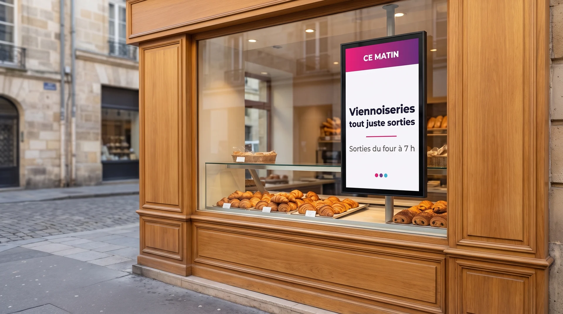 Écran vertical d'affichage dynamique installé dans la vitrine d'une boulangerie, annonçant les viennoiseries du matin