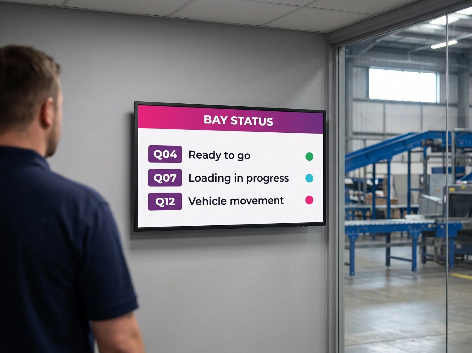 Dock supervisor's office overlooking a sorting hall, with a wall screen summarising the status of each bay