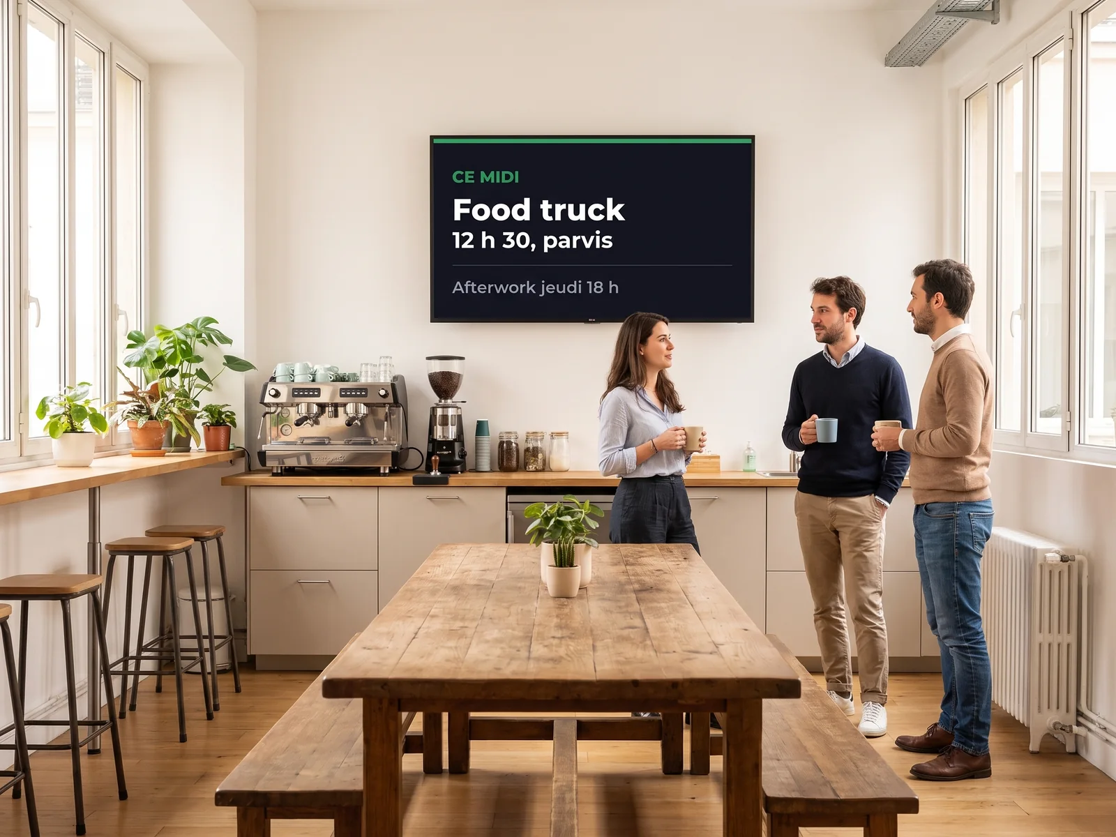 Trois personnes discutent dans la cuisine partagée d'un espace de coworking devant un écran annonçant le food truck du midi