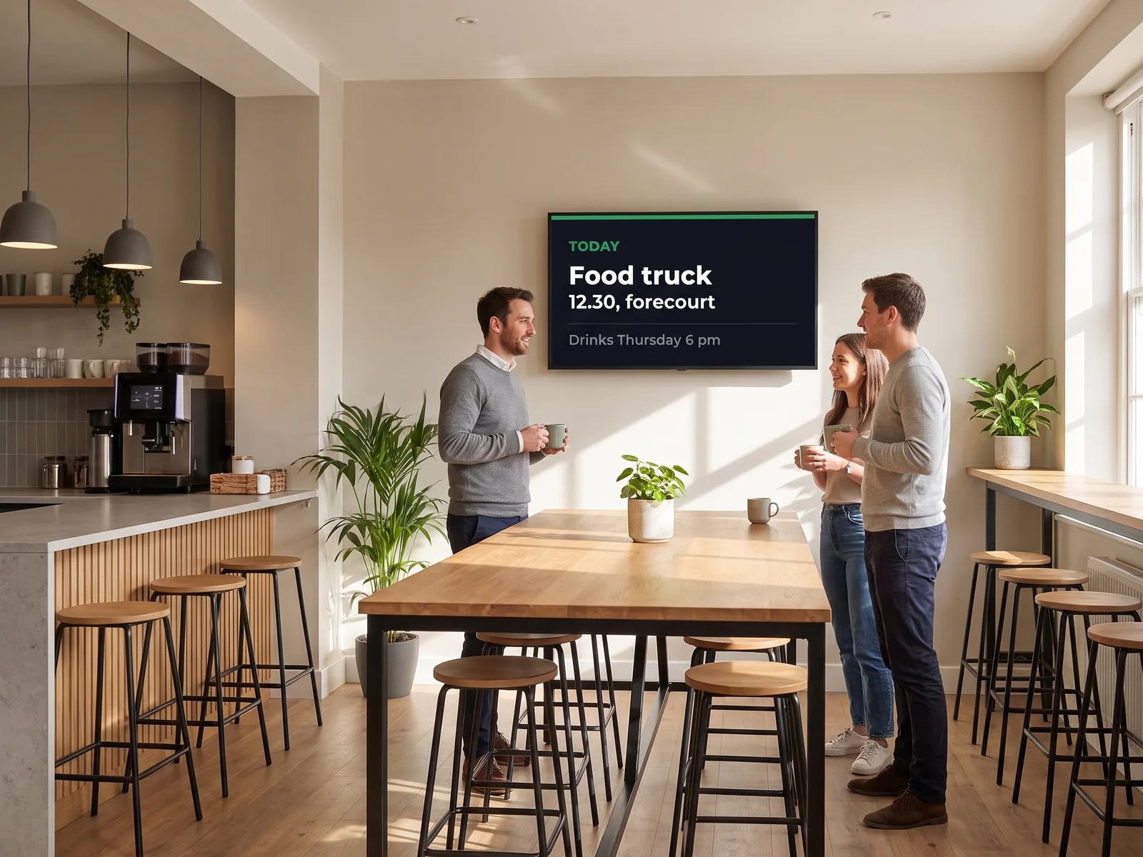 Three people talking in the shared kitchen of a coworking space in front of a screen announcing the lunchtime food truck