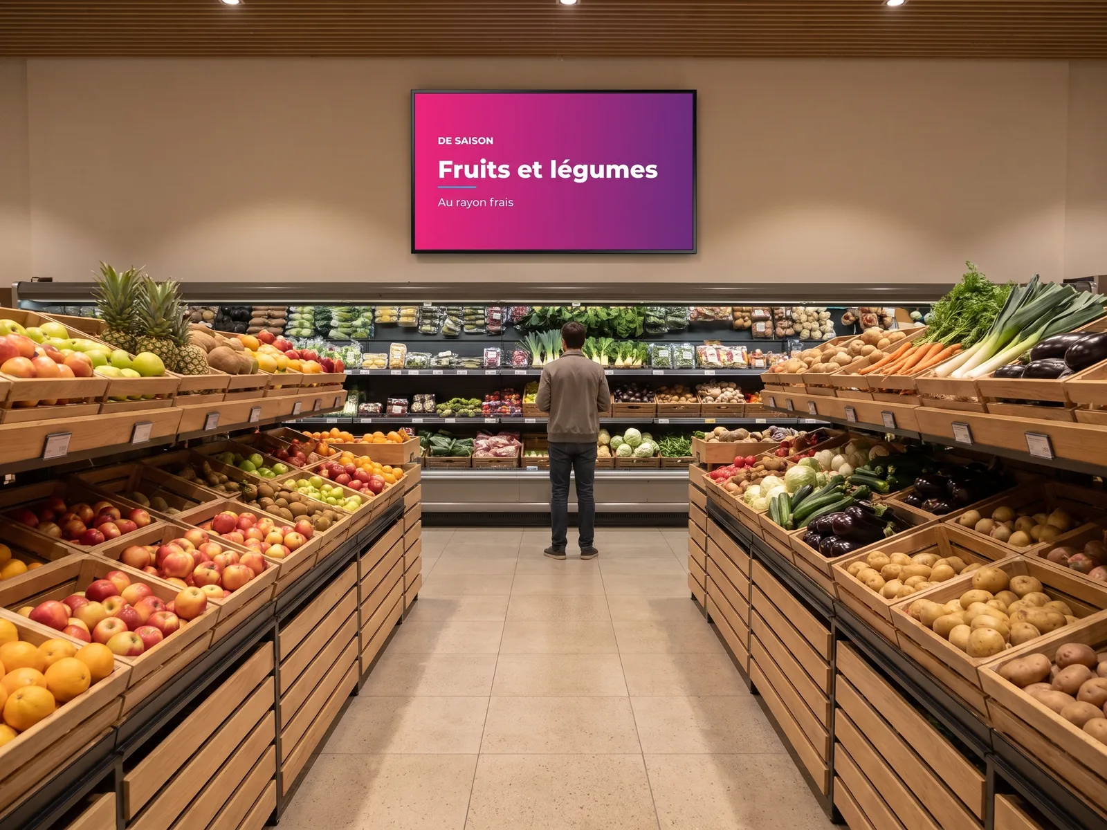 Écran suspendu au-dessus du rayon fruits et légumes d'un magasin, diffusant une affiche de saison