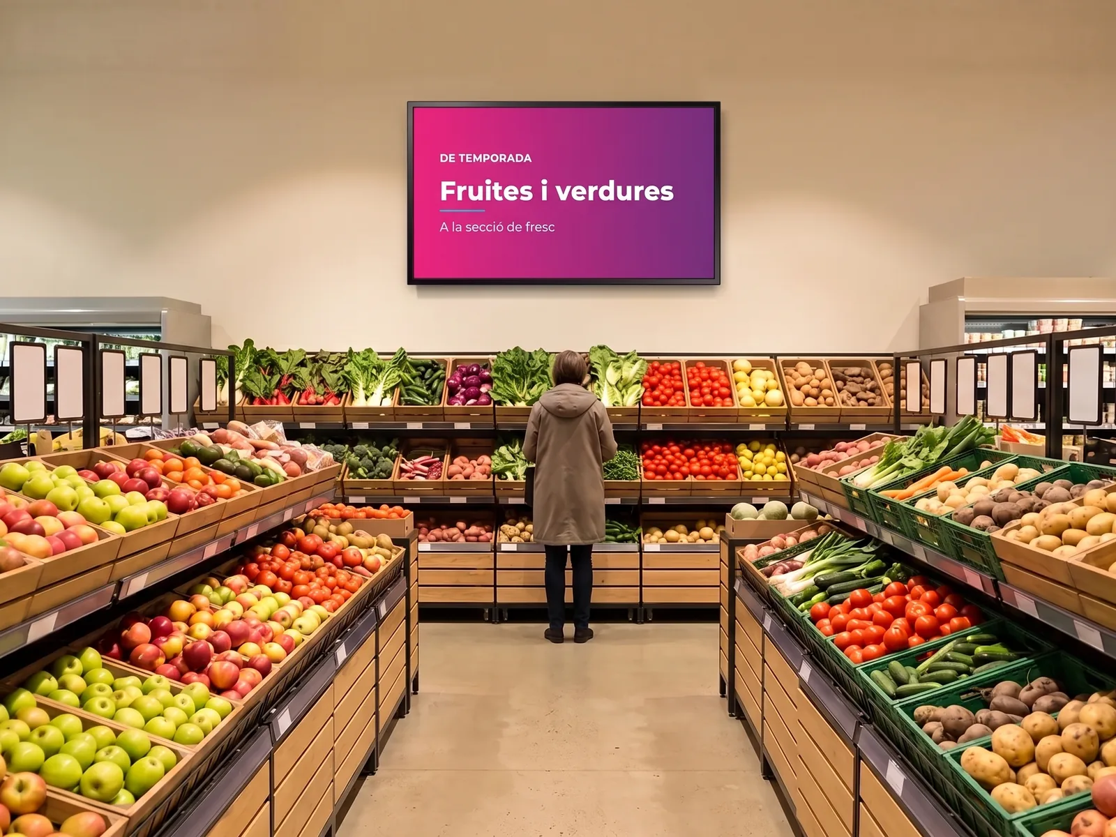 Pantalla sobre el passadís de fruites i verdures d'una botiga mostrant un cartell de temporada