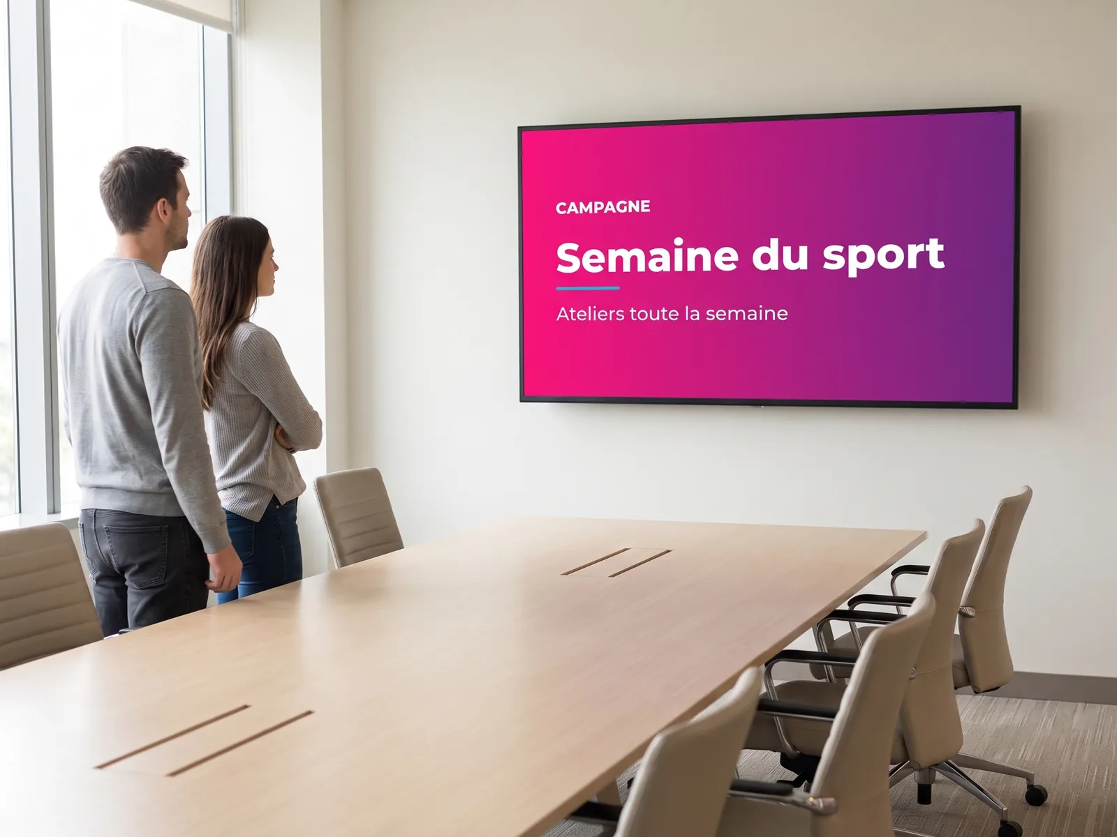 Deux collègues regardent l'écran d'une salle de réunion qui diffuse l'affiche d'une campagne interne