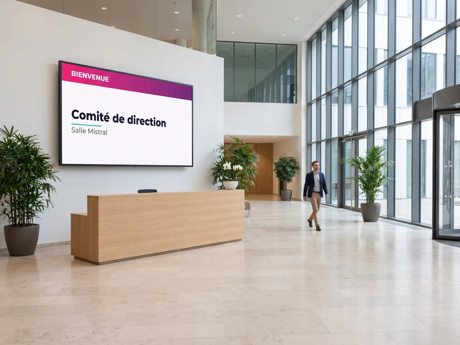 Écran mural derrière le comptoir d'accueil d'une entreprise affichant un message de bienvenue