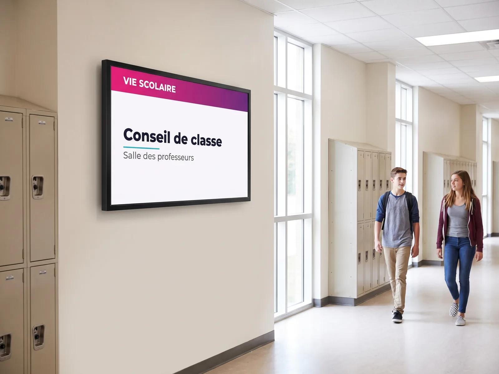 Écran mural dans un couloir de lycée affichant une information de vie scolaire, deux élèves passent devant