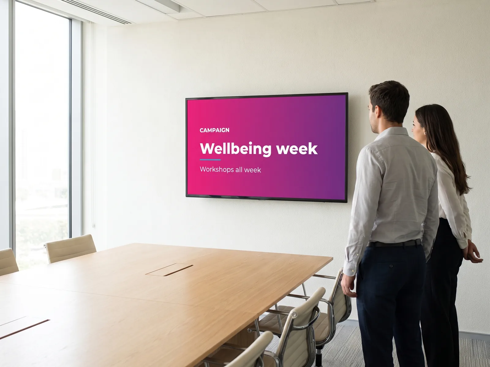 Two colleagues looking at a meeting room screen showing an internal campaign poster