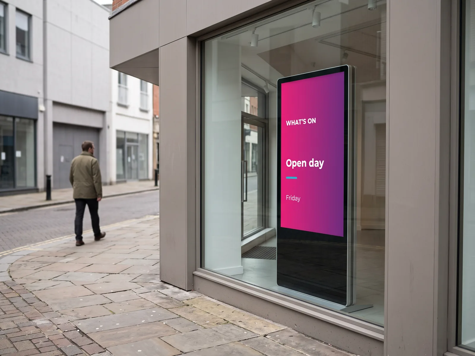 Portrait digital display in a shop window showing the same open day poster, resized to portrait format