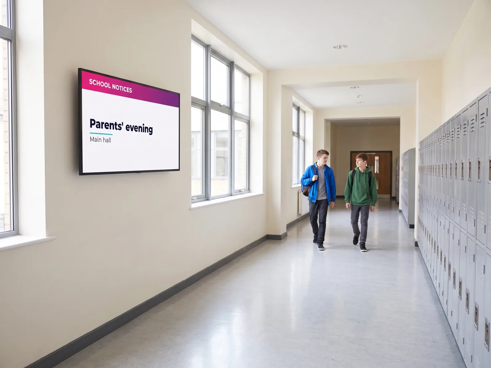 Wall-mounted screen in a school corridor showing a parents' evening notice, two pupils walking past
