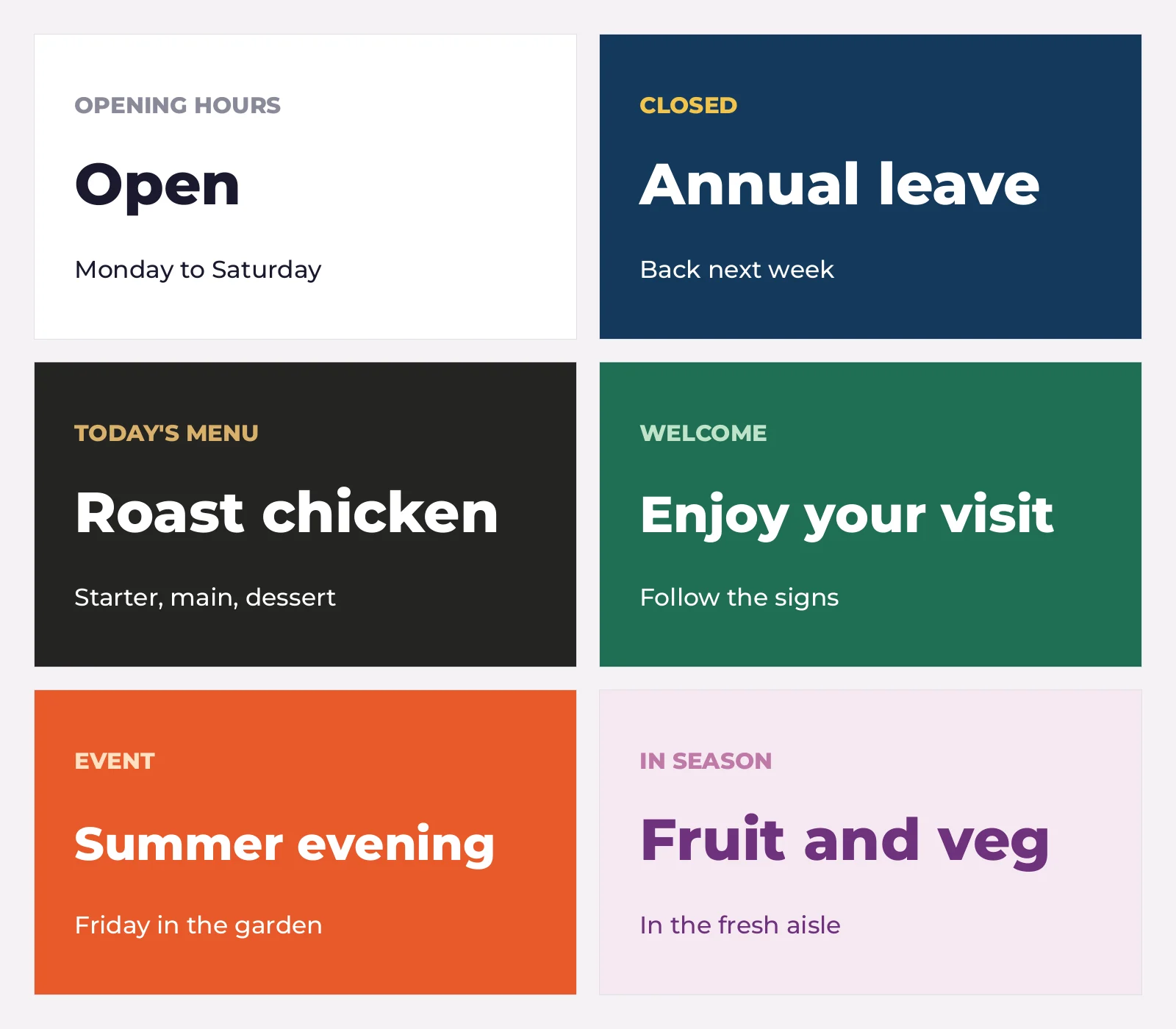 Six 16:9 display templates — opening hours, closed, today's menu, welcome, event and in season