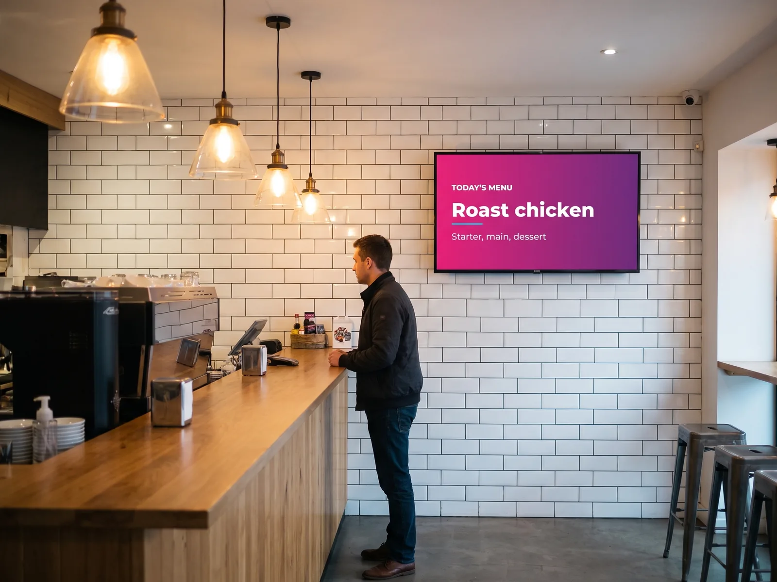 Wall-mounted screen behind a bistro counter showing today's menu