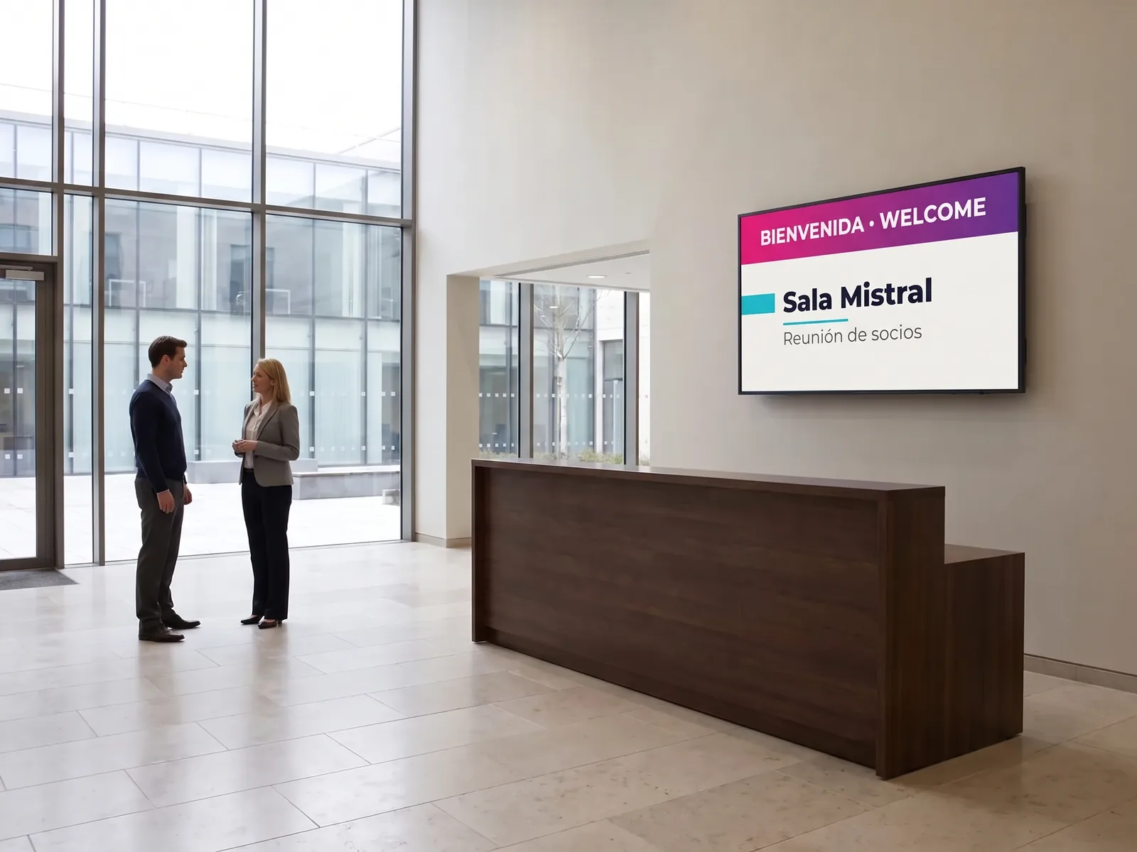 Pantalla mural en la recepción de un centro de congresos mostrando un mensaje de bienvenida en español y en inglés