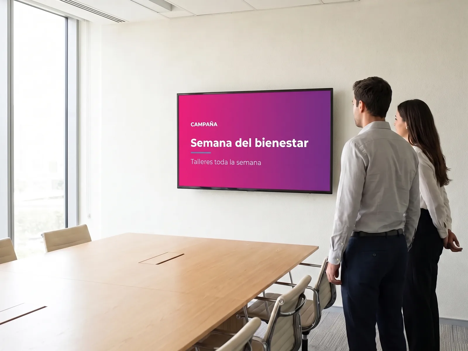 Dos compañeros mirando la pantalla de una sala de reuniones que muestra el cartel de una campaña interna