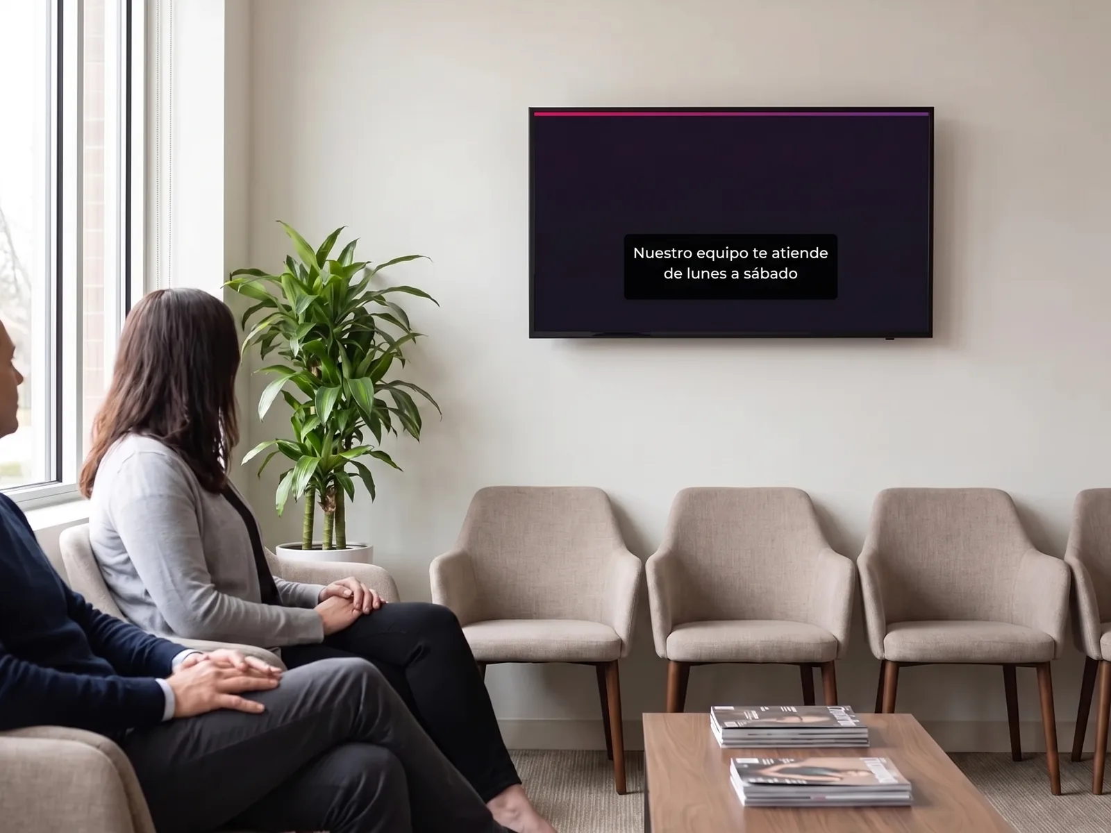 Pantalla mural en una sala de espera reproduciendo un vídeo subtitulado, con dos personas sentadas mirándolo