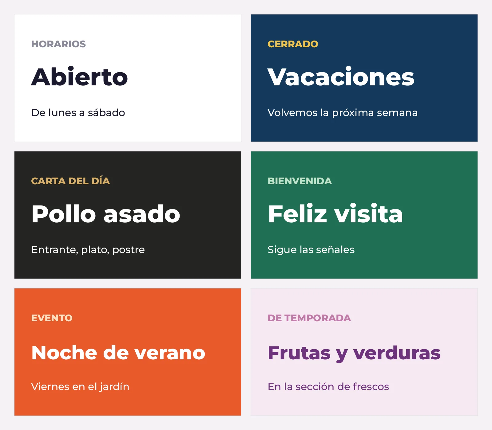 Seis plantillas de pantalla 16:9 — horarios, cerrado, carta del día, bienvenida, evento y de temporada