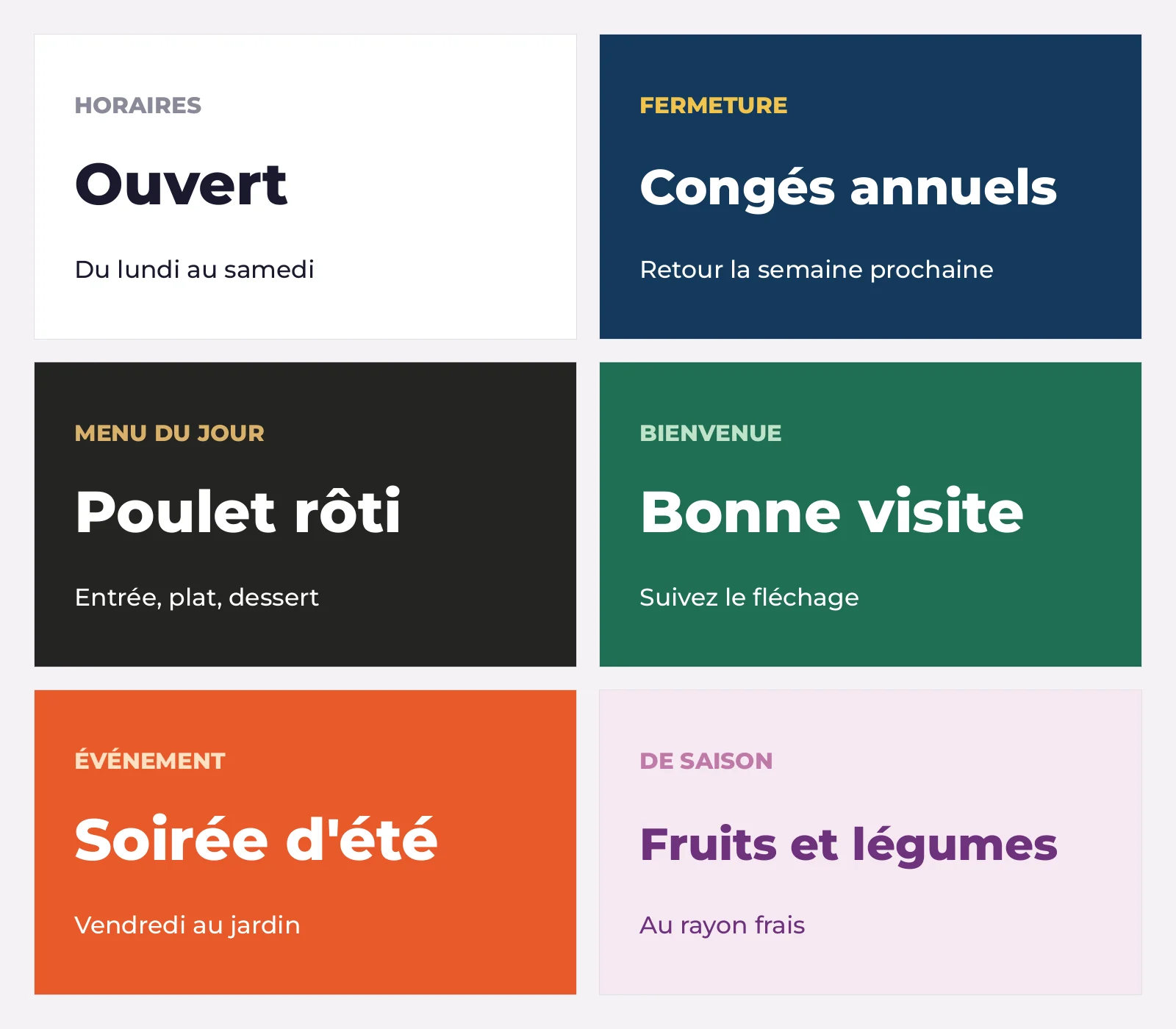 Planche de six modèles d'affichage au format 16:9 — horaires, fermeture, menu du jour, bienvenue, événement et offre de saison