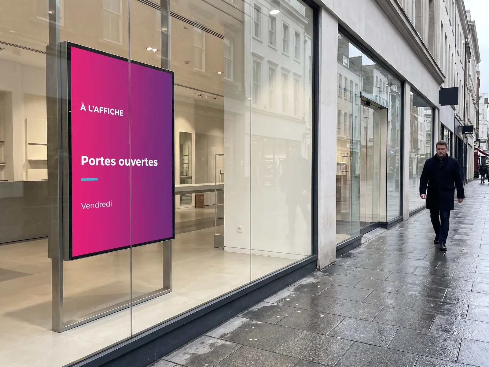Écran vertical en vitrine d'un commerce diffusant la même affiche « Portes ouvertes », recomposée au format portrait