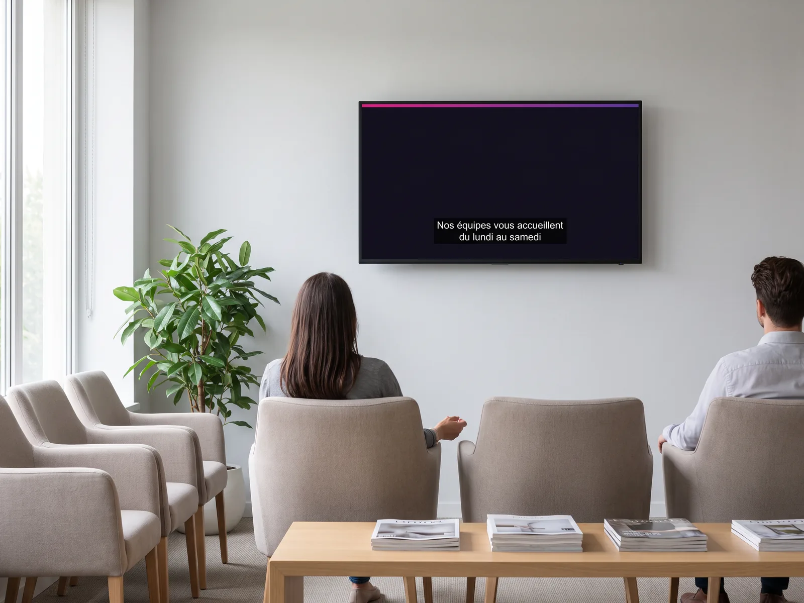 Écran mural d'une salle d'attente diffusant une vidéo sous-titrée, deux personnes assises la regardent