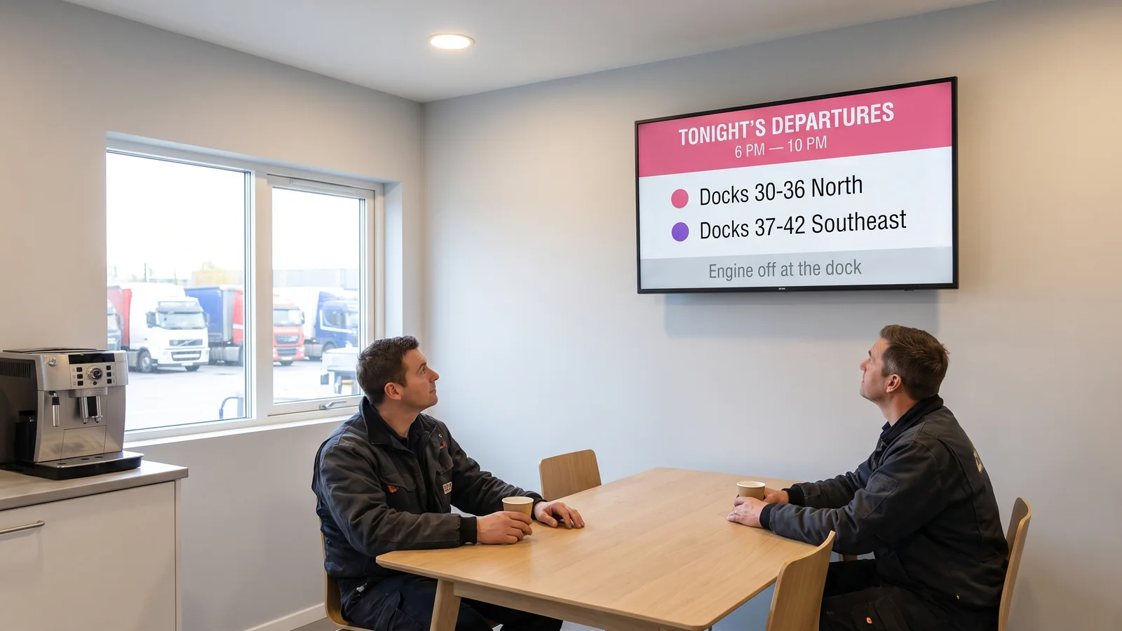 Truck driver reading the evening departure board in a break room