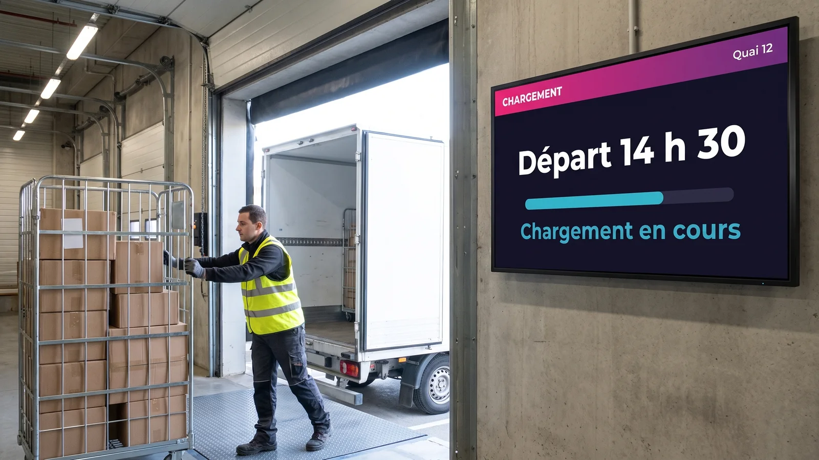 Écran affichant l'heure de départ et l'avancement du chargement à un quai