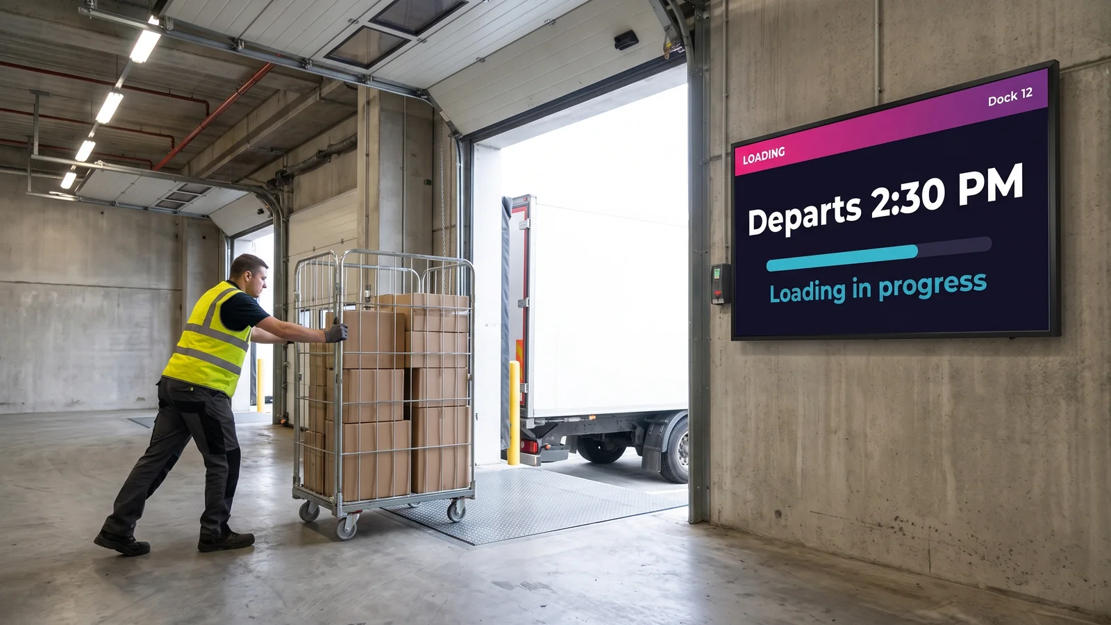 Screen showing departure time and loading progress at a dock