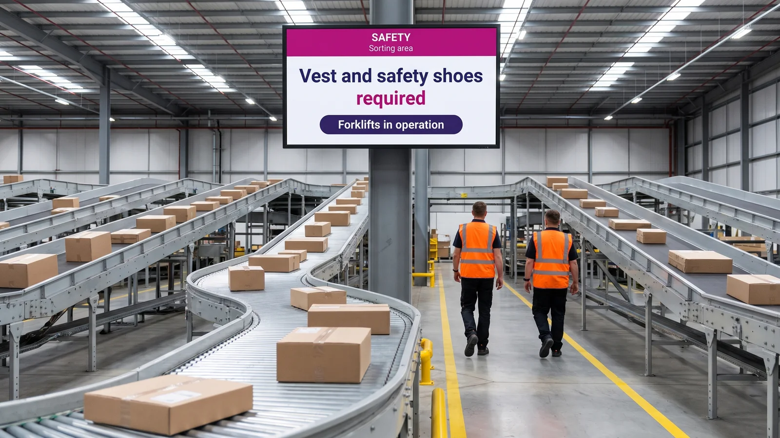 Wall screen showing a safety instruction above a parcel sorting line