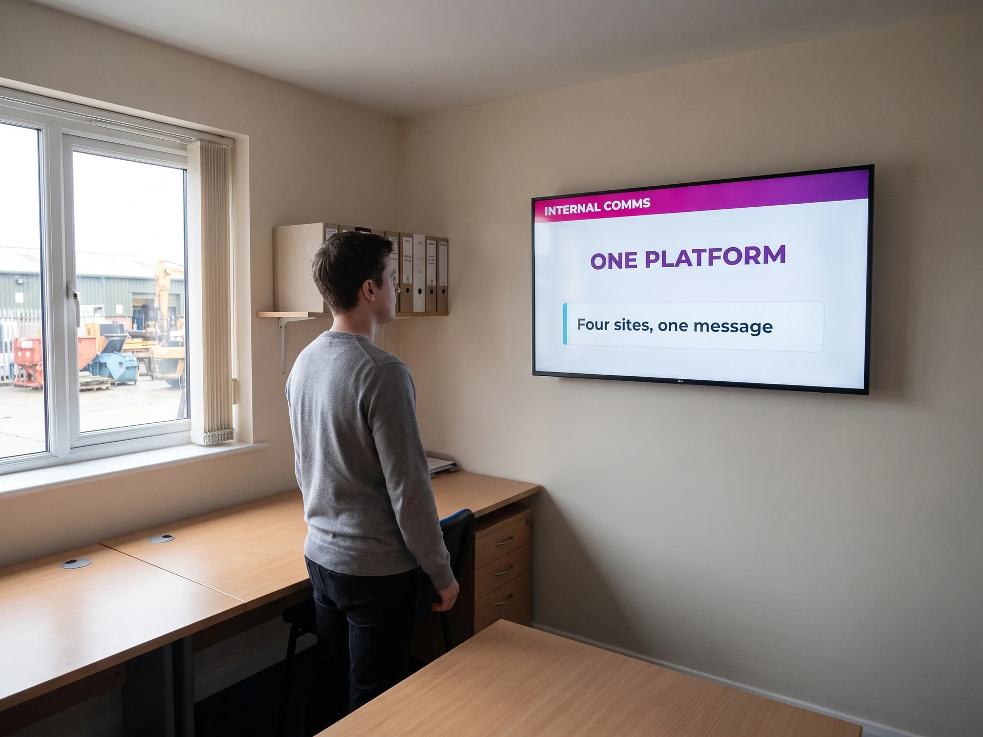 Communications manager in an office looking at a wall-mounted screen showing an internal communications item