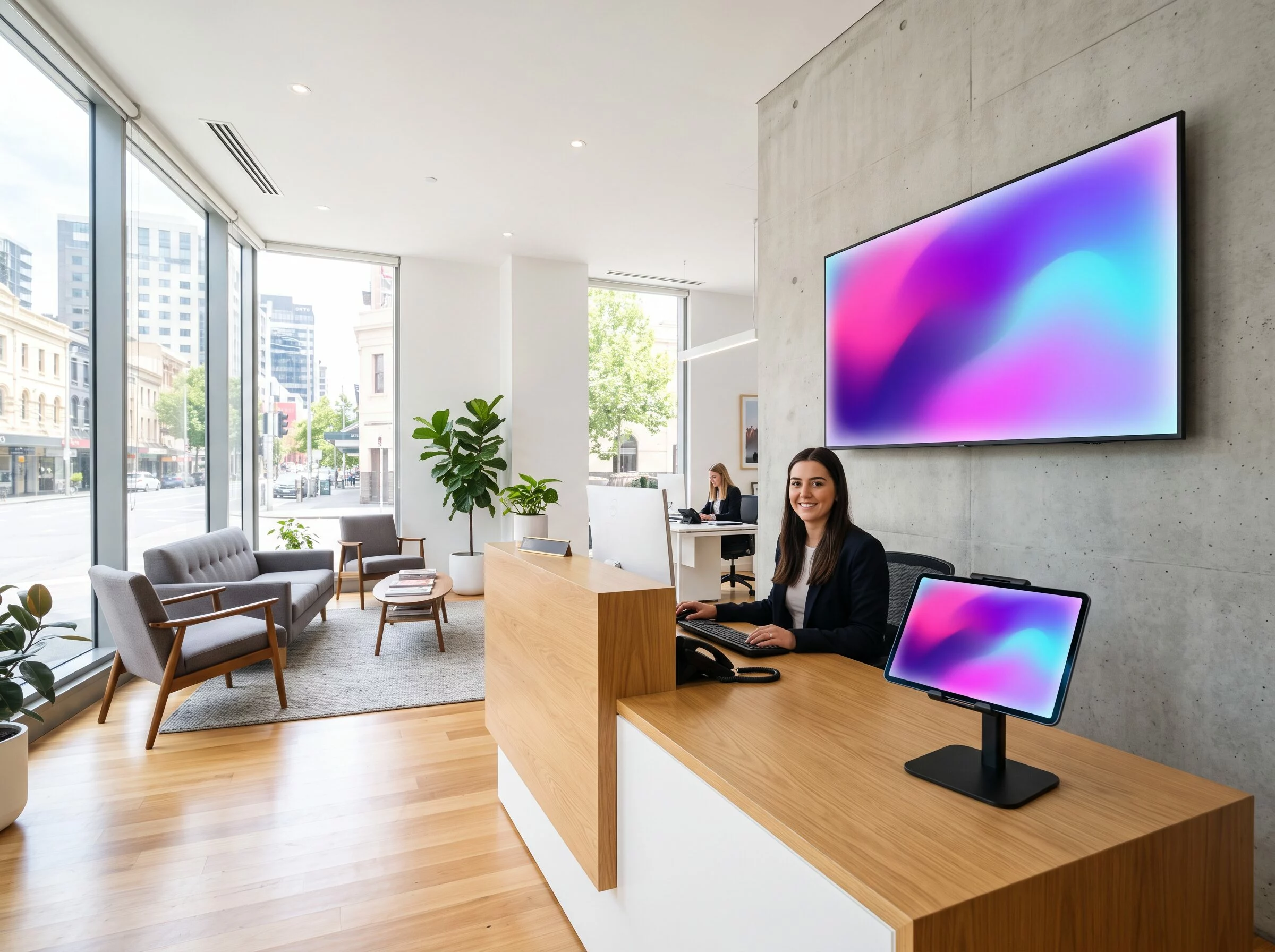 Wall-mounted screen and tablet at the reception desk of a real estate agency