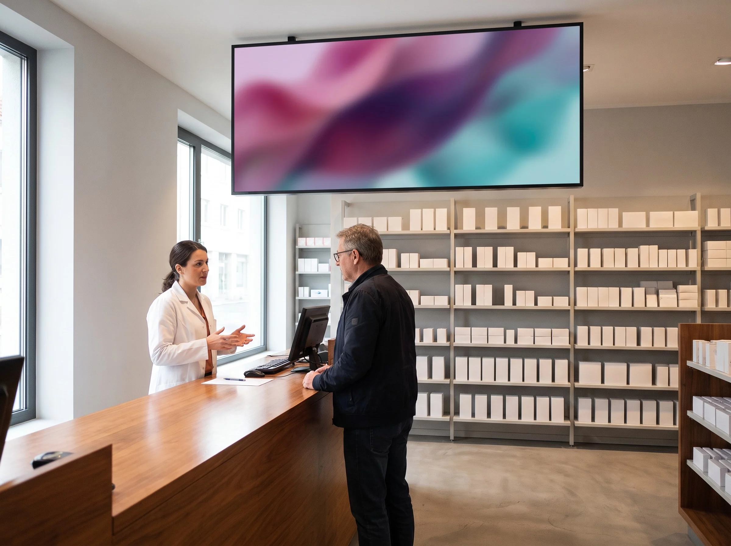 &Eacute;cran mural au-dessus du comptoir d&rsquo;une pharmacie, pendant un conseil
