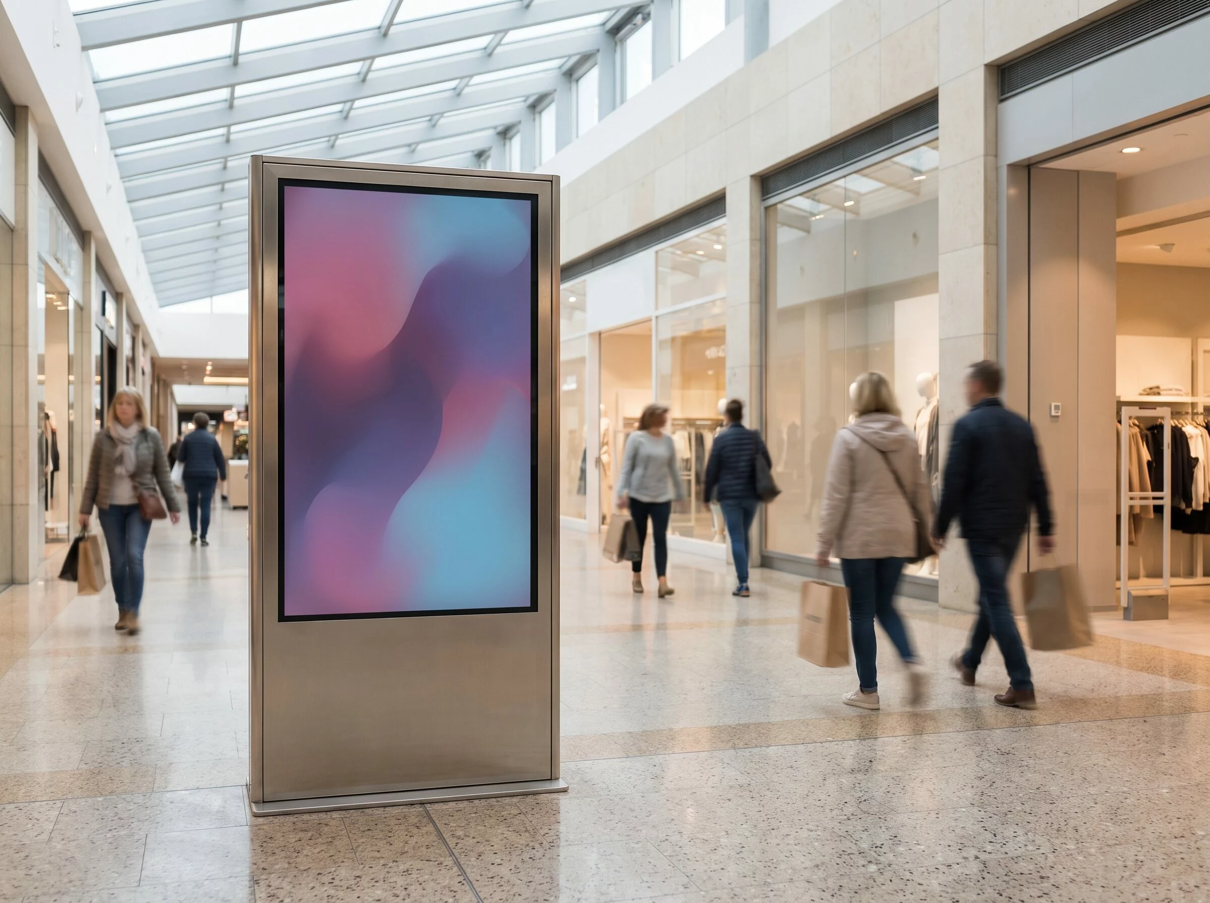 Totem num&eacute;rique dans l&rsquo;all&eacute;e d&rsquo;un centre commercial