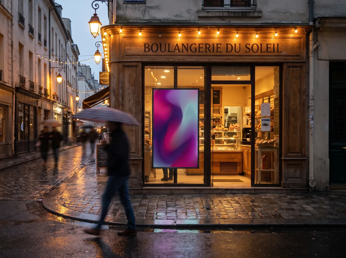 &Eacute;cran publicitaire en vitrine d&rsquo;un commerce de proximit&eacute;, vu de la rue