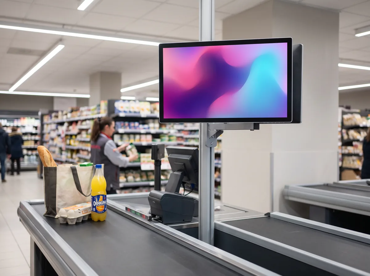 &Eacute;cran publicitaire au-dessus d&rsquo;une caisse de magasin