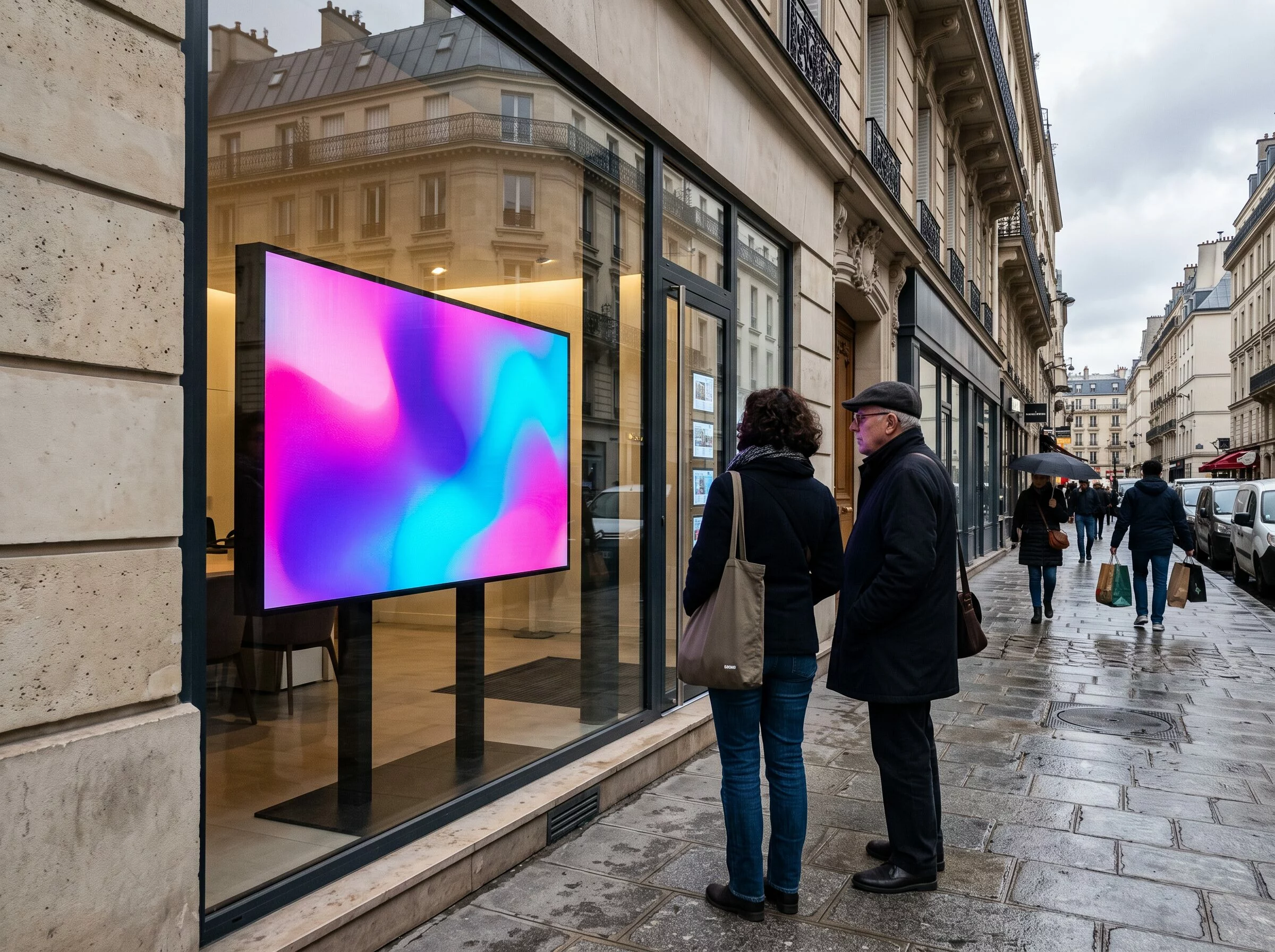 Digital screen in the window of a real estate agency, seen from the pavement
