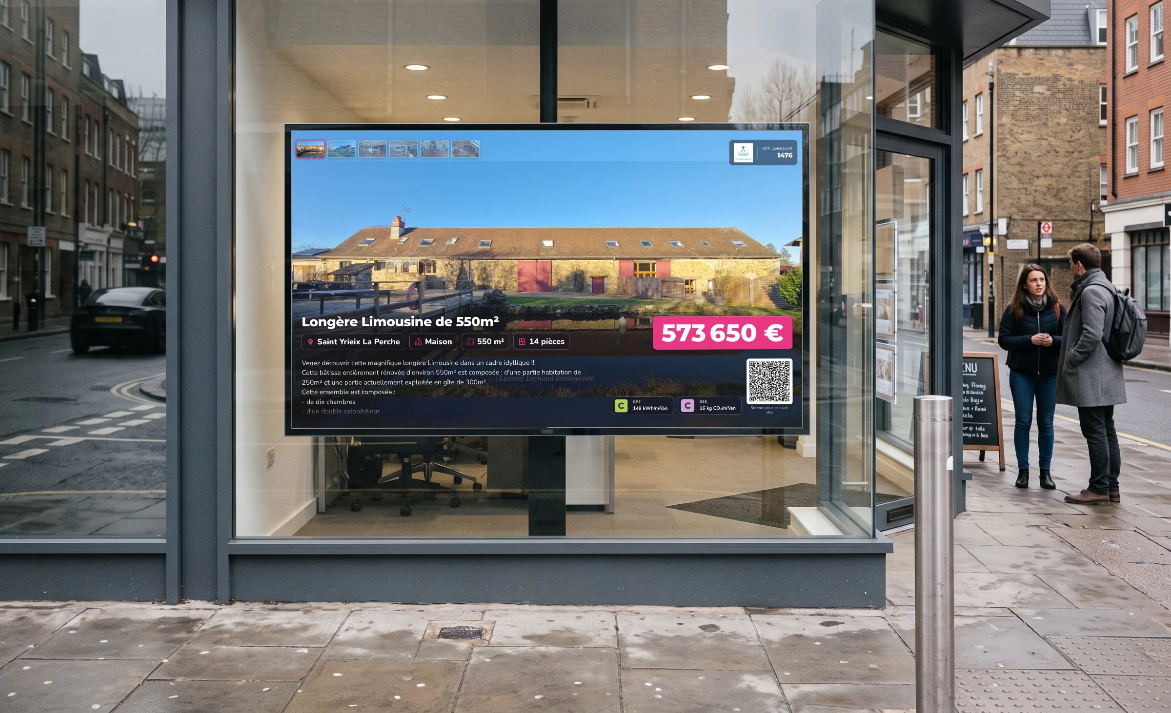 &Eacute;cran de vitrine d&rsquo;agence immobili&egrave;re diffusant une annonce remont&eacute;e du logiciel m&eacute;tier par le widget E-IMMO