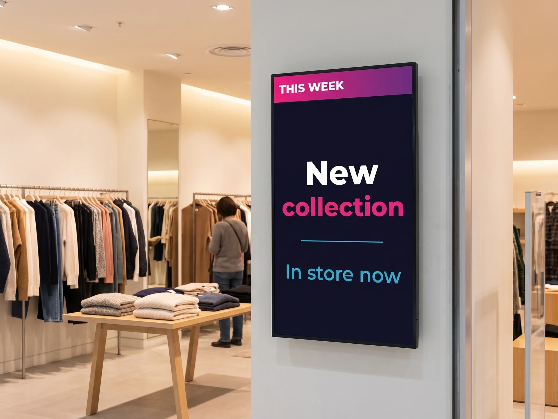 Portrait screen in a clothing shop announcing a new collection