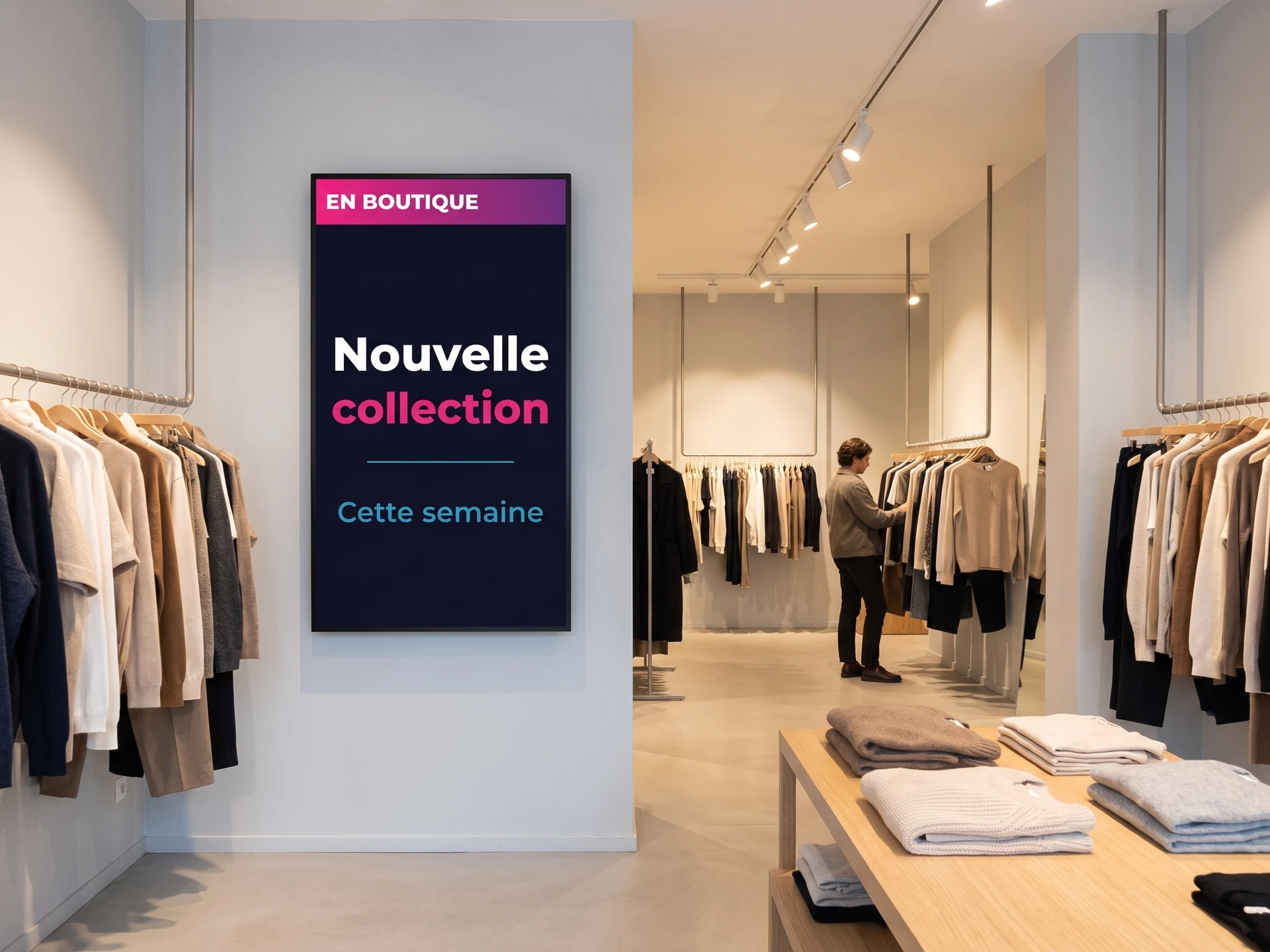 &Eacute;cran vertical dans une boutique de pr&ecirc;t-&agrave;-porter annon&ccedil;ant une nouvelle collection
