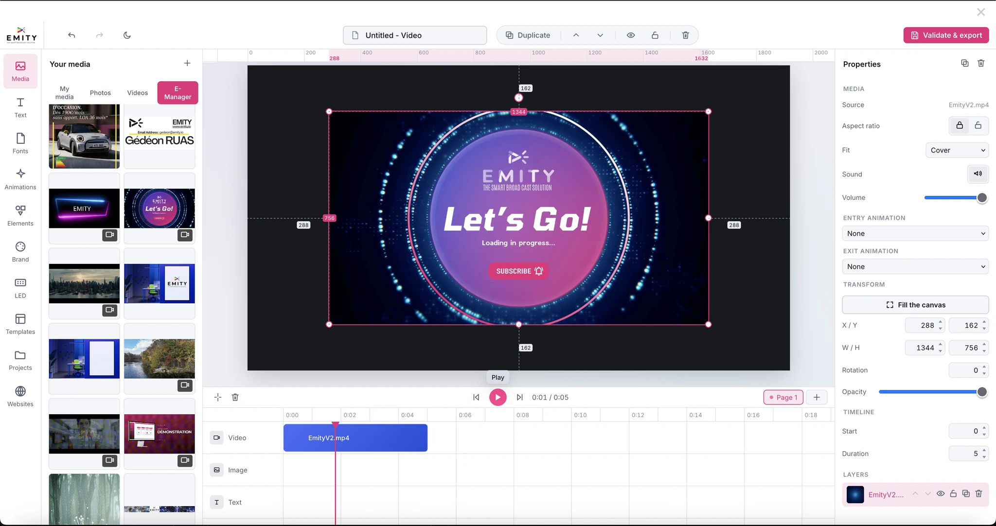 The EMITY editor interface: media panel on the left, canvas in the centre, properties on the right, timeline along the bottom