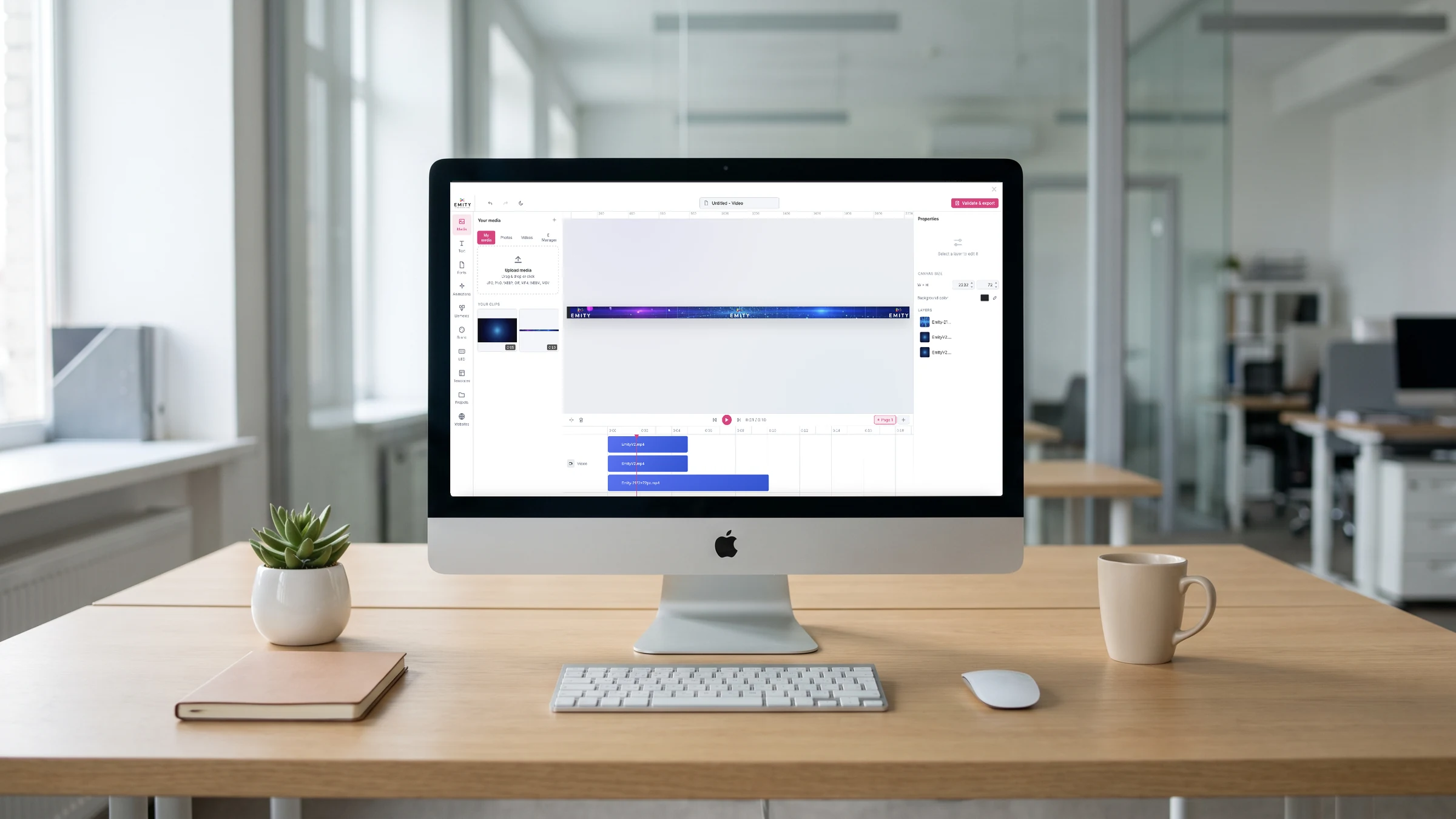 iMac showing the EMITY editor with an LED strip on the canvas, sized 2,232 by 72 pixels