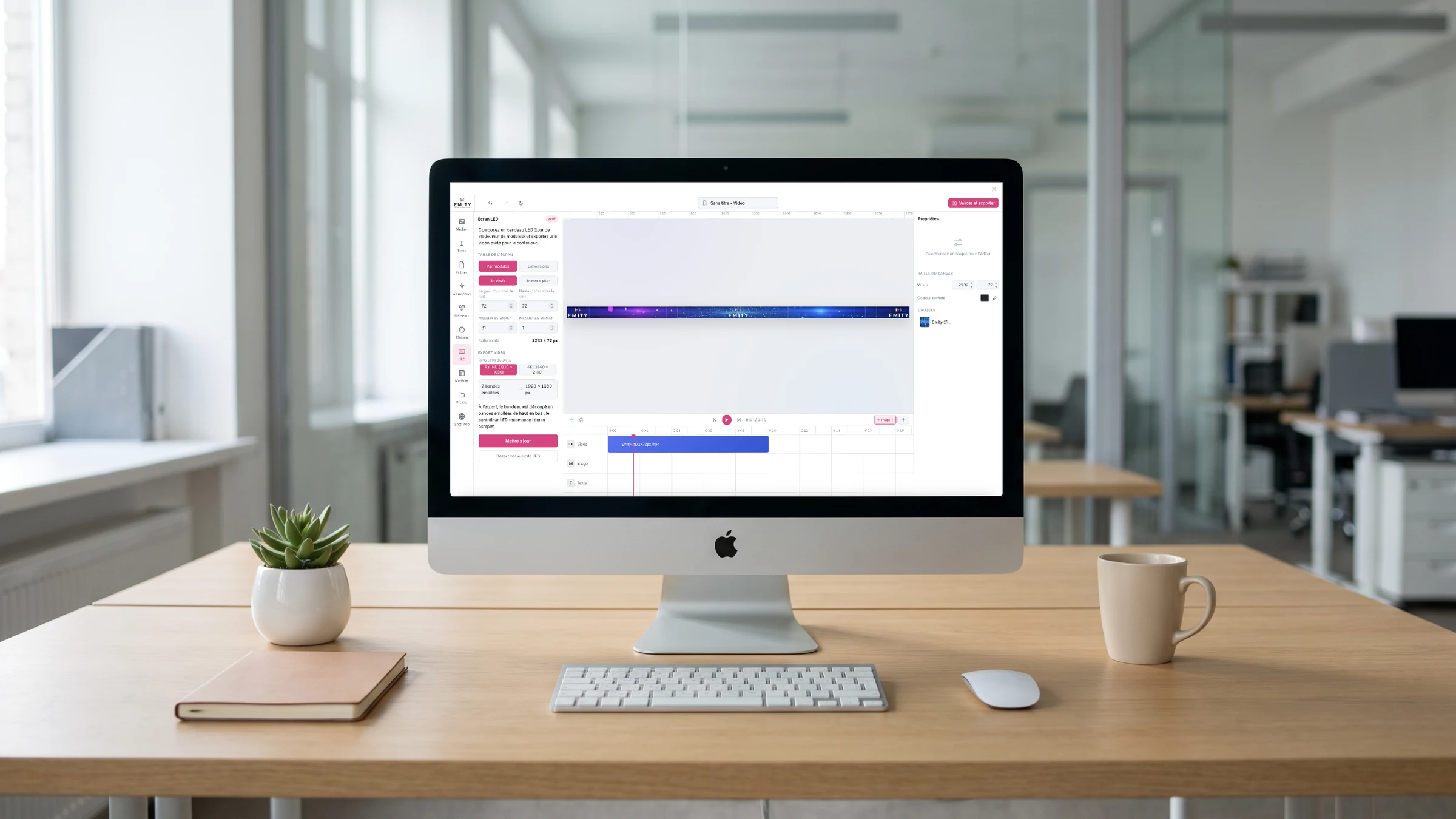 iMac affichant le mode LED de l&rsquo;&eacute;diteur EMITY&nbsp;: taille de l&rsquo;&eacute;cran en modules et export en bandes empil&eacute;es