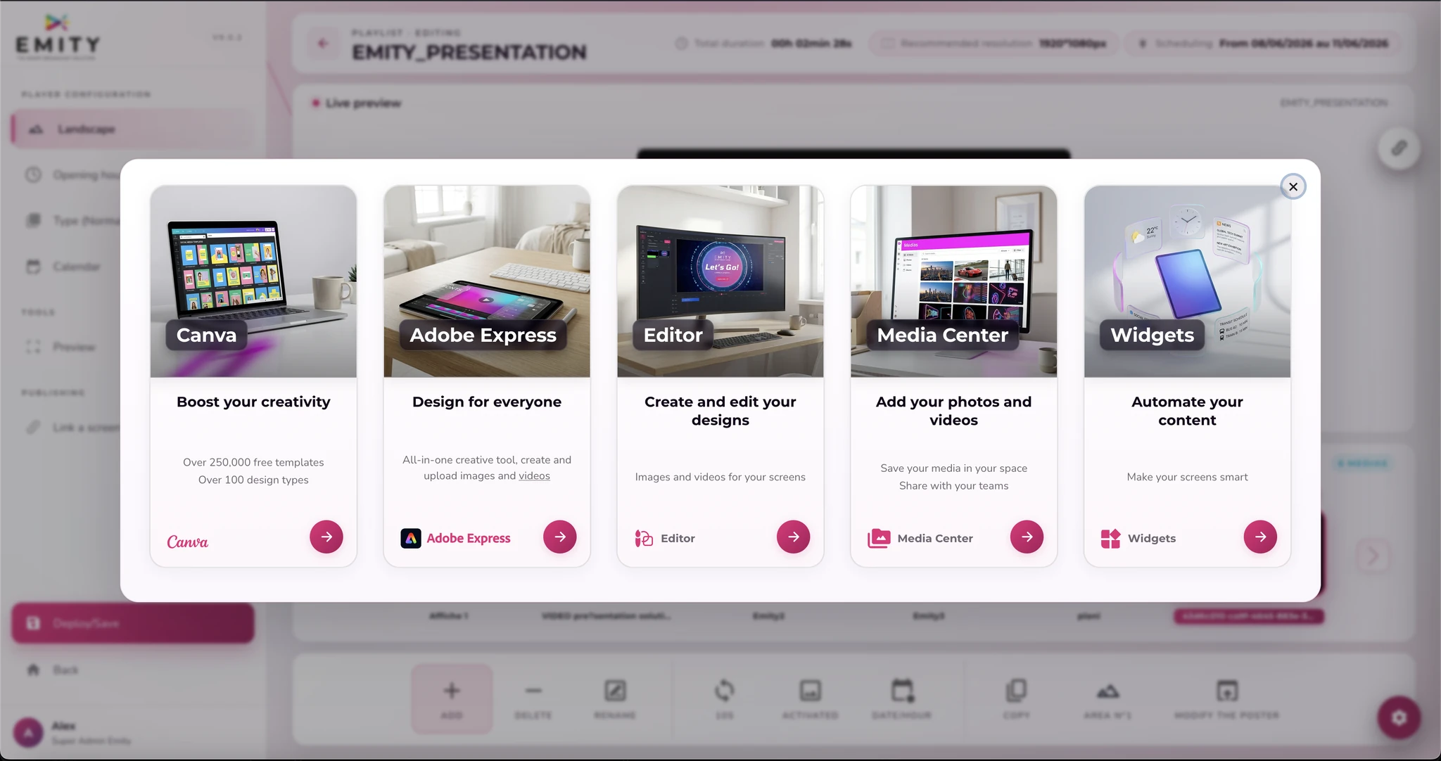 Pantalla de selección en E-MANAGER con el editor EMITY, la mediateca, los widgets, Canva y Adobe Express