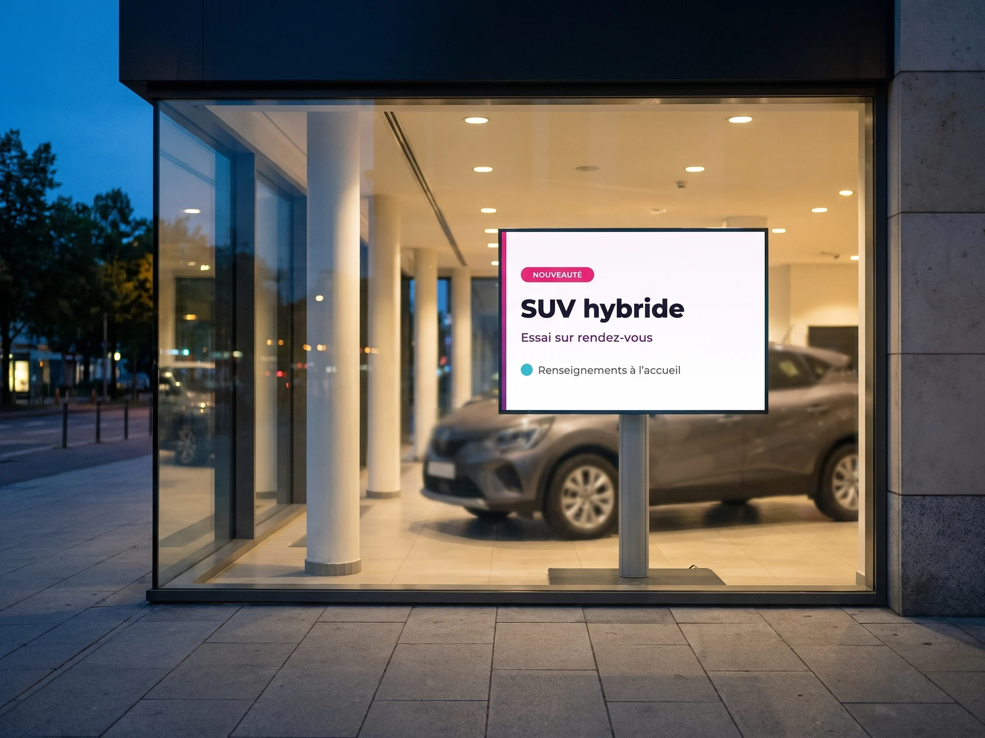 Écran d'affichage dynamique en vitrine d'une concession automobile