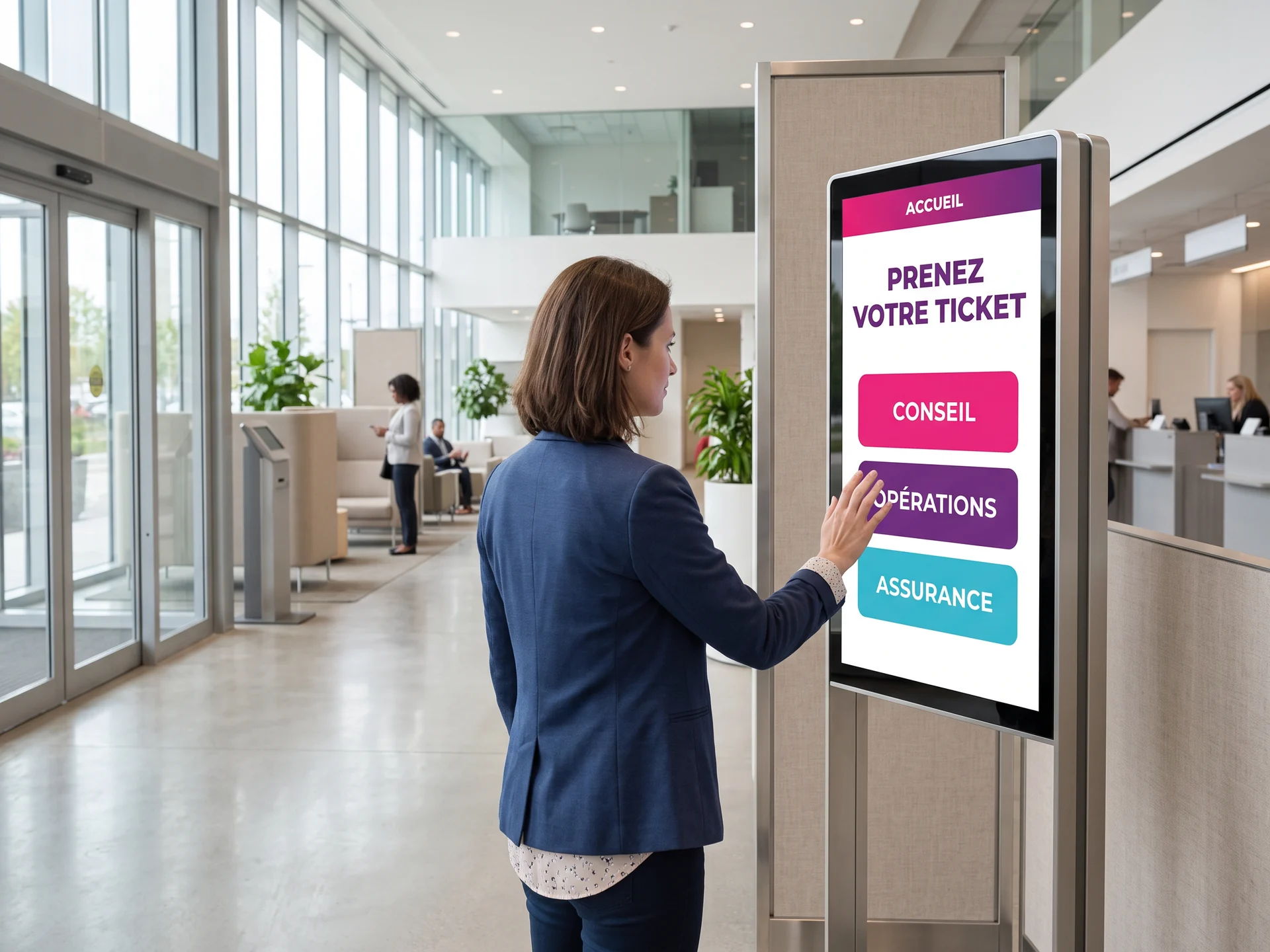 Cliente prenant un ticket de file d&rsquo;attente sur une borne tactile verticale &agrave; l&rsquo;entr&eacute;e d&rsquo;une agence bancaire