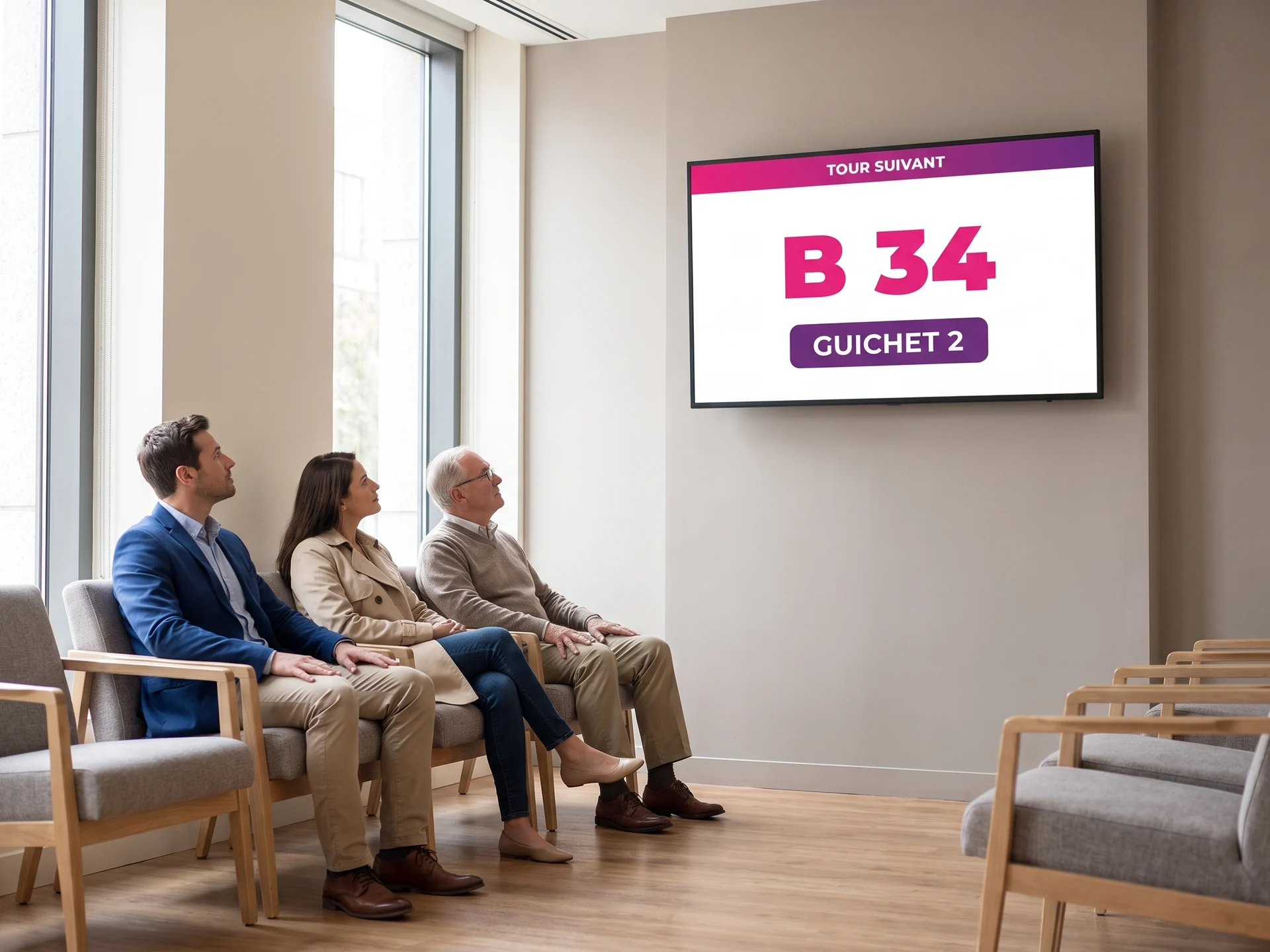 Clients assis dans l'espace d'attente d'une agence bancaire devant un écran d'appel