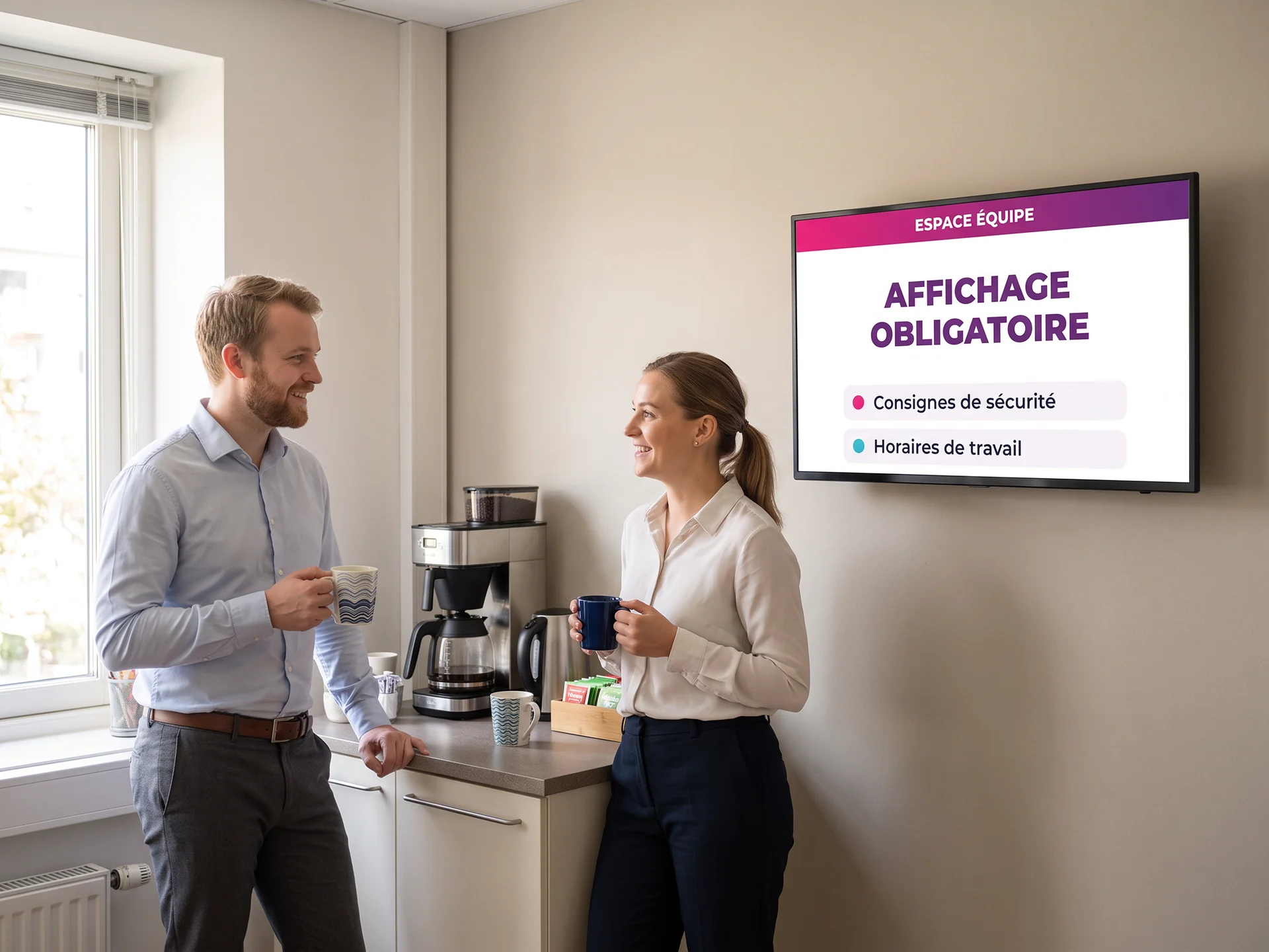 Deux collaborateurs d&rsquo;agence bancaire en pause devant un &eacute;cran affichant les documents obligatoires destin&eacute;s au personnel
