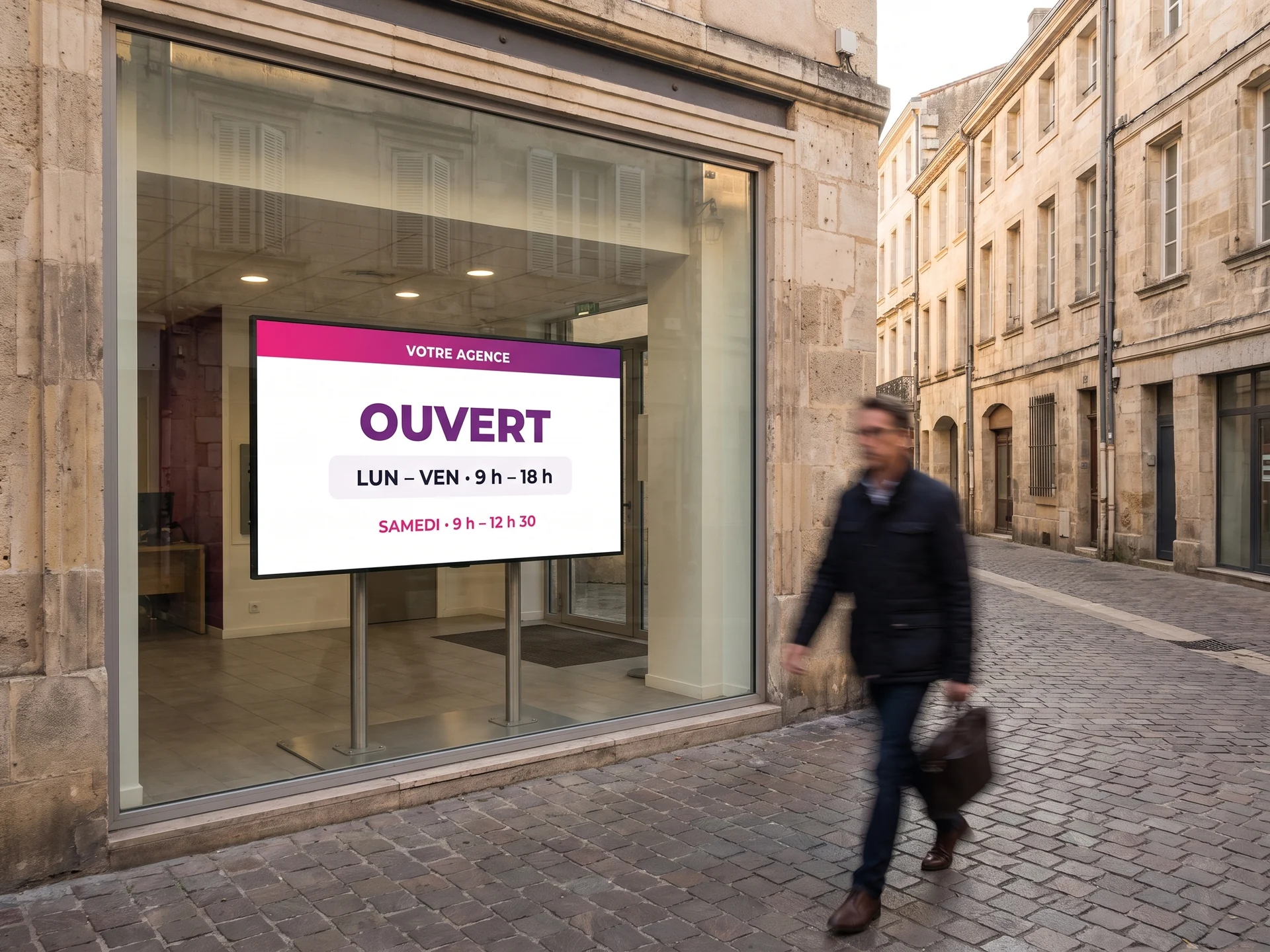 &Eacute;cran d&rsquo;affichage dynamique en vitrine d&rsquo;agence bancaire, vu de la rue, indiquant les horaires d&rsquo;ouverture