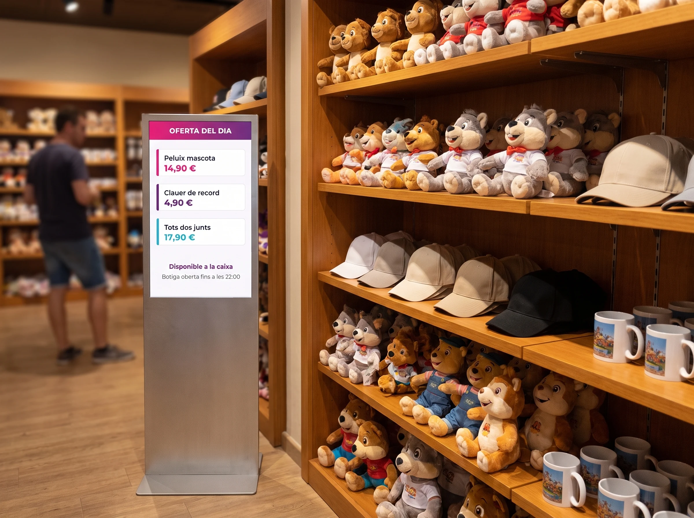 Tòtem digital vertical a la botiga de records d'un parc d'atraccions, amb l'oferta del dia i els seus preus