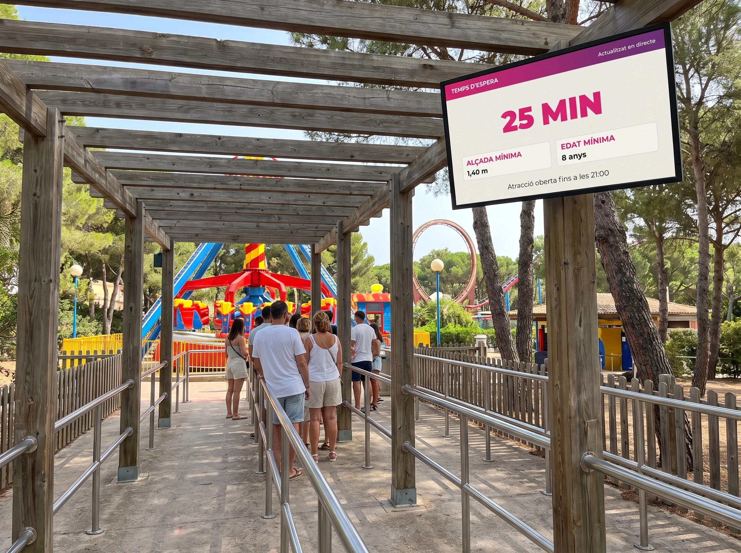 Pantalla de cartelleria digital a l'entrada de la cua d'una atracció en un parc, amb una espera de 25 minuts i l'alçada i l'edat mínimes