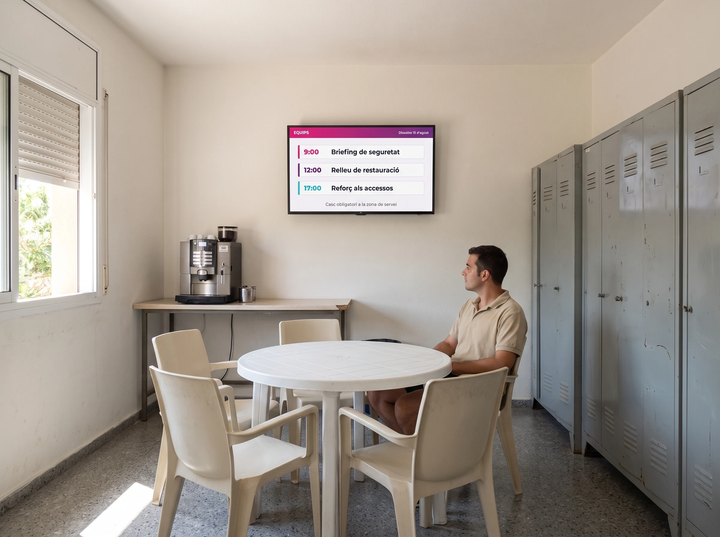 Pantalla de paret a la sala de descans d'un parc d'atraccions, amb el quadrant de torns del dia i una instrucció de seguretat