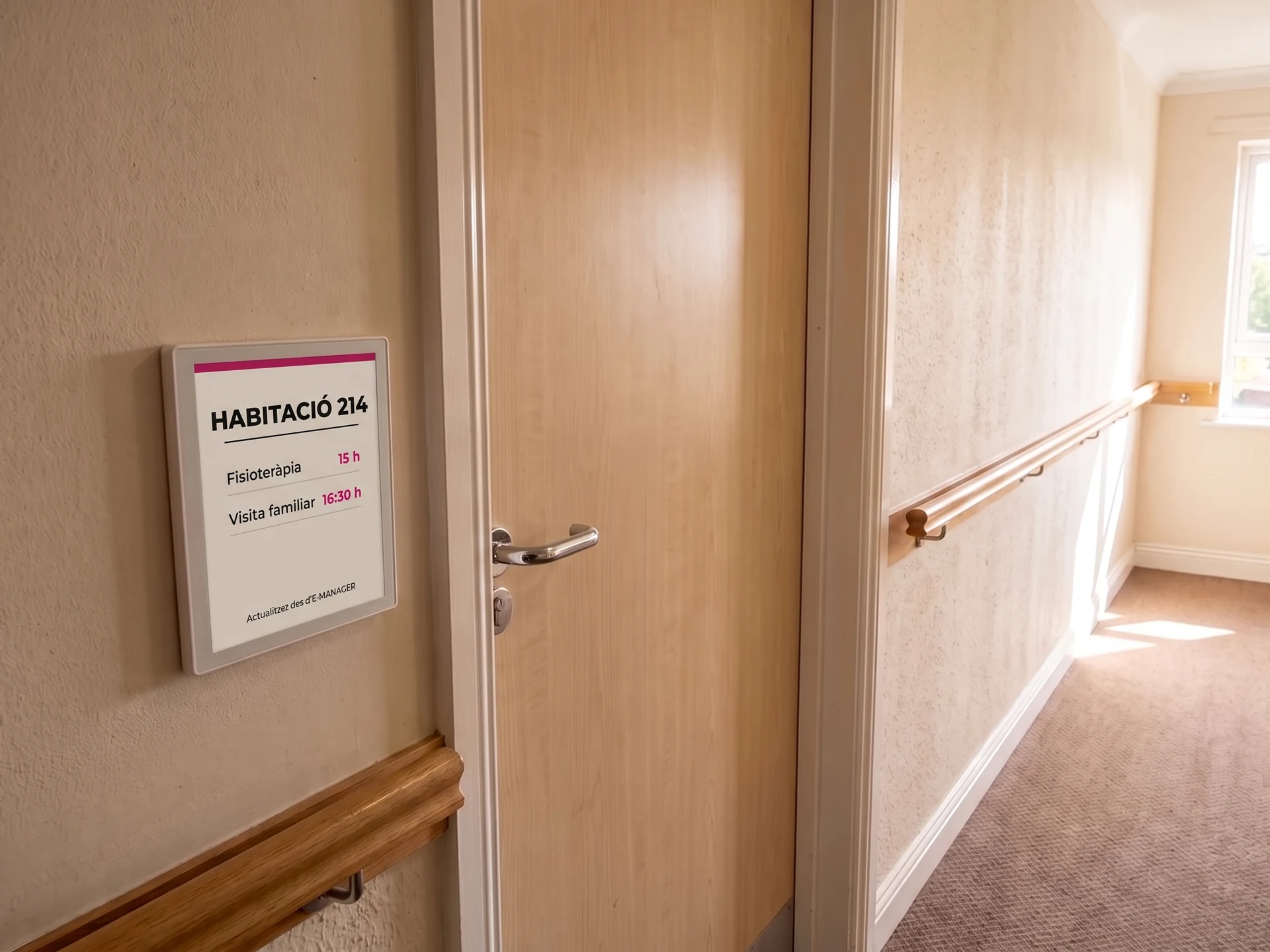 Panell de paper electrònic al costat de la porta d'una habitació de residència de gent gran que mostra el número d'habitació i les cites del dia