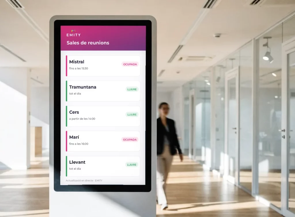 Tòtem amb les sales de reunions d'un hotel i la seva disponibilitat, marcades com ocupades o lliures