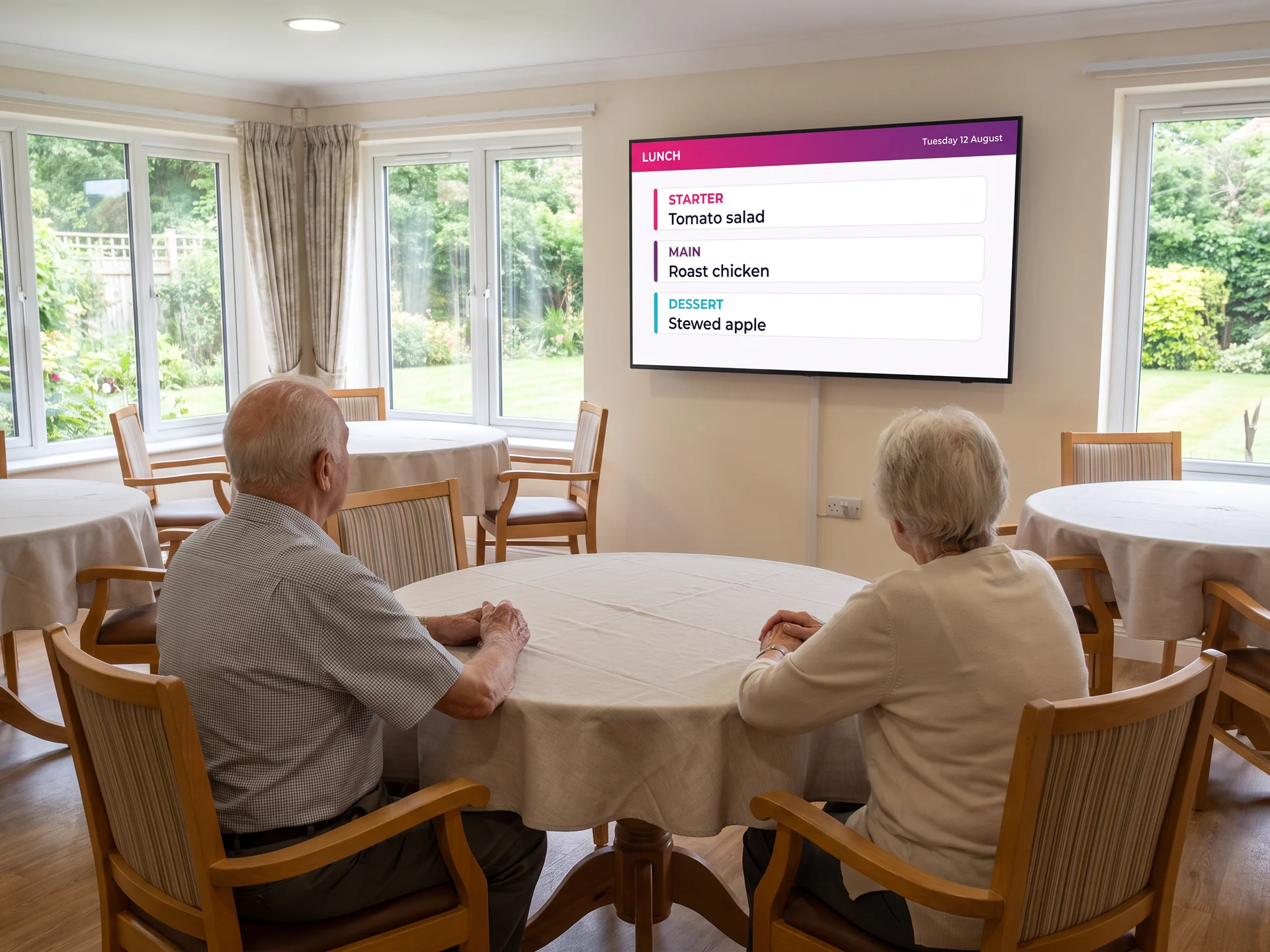 Digital signage screen in a care home dining room showing the lunch menu in large type